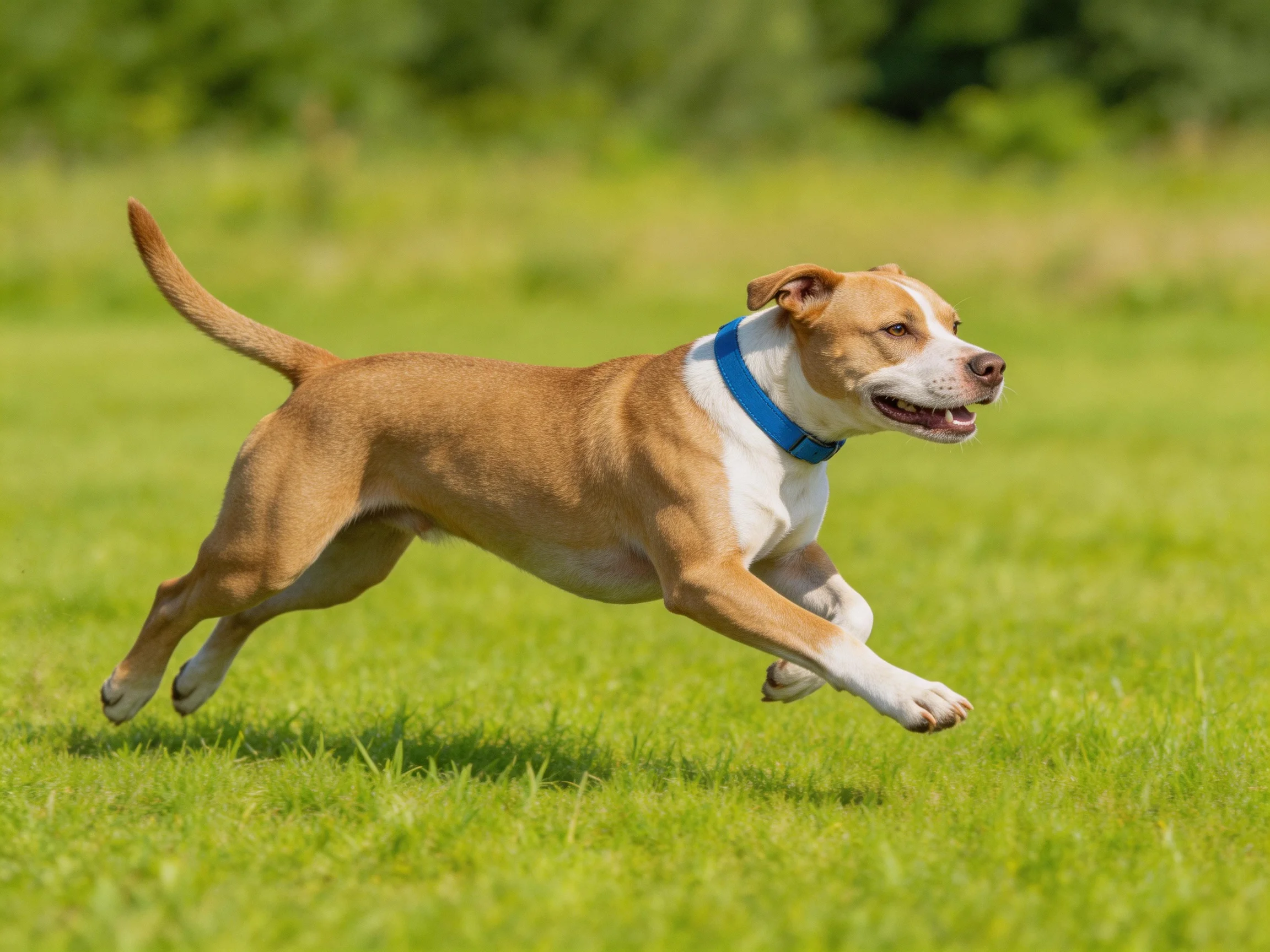 A tan and white dog with a blue collar runs joyfully on green grass.
