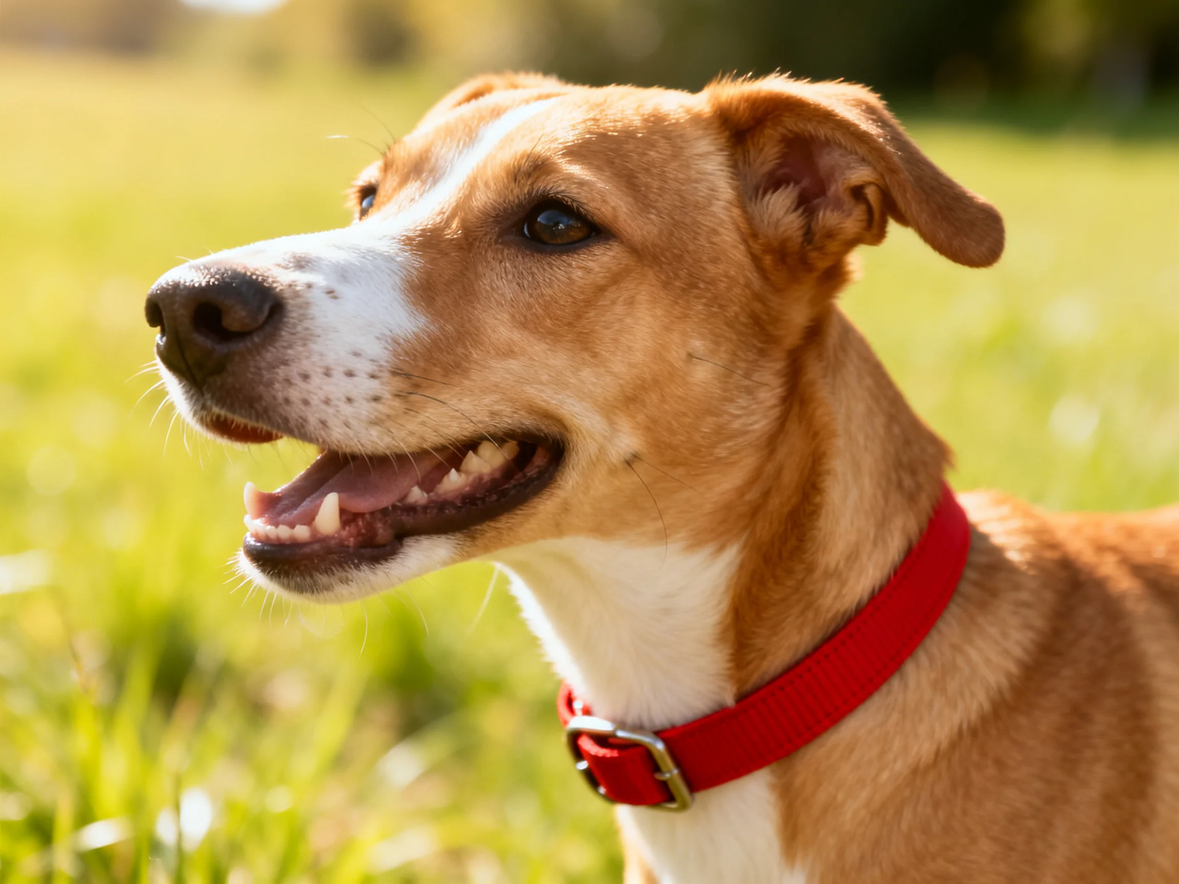 A tan and white dog with a red collar is in a sunlit grassy area.