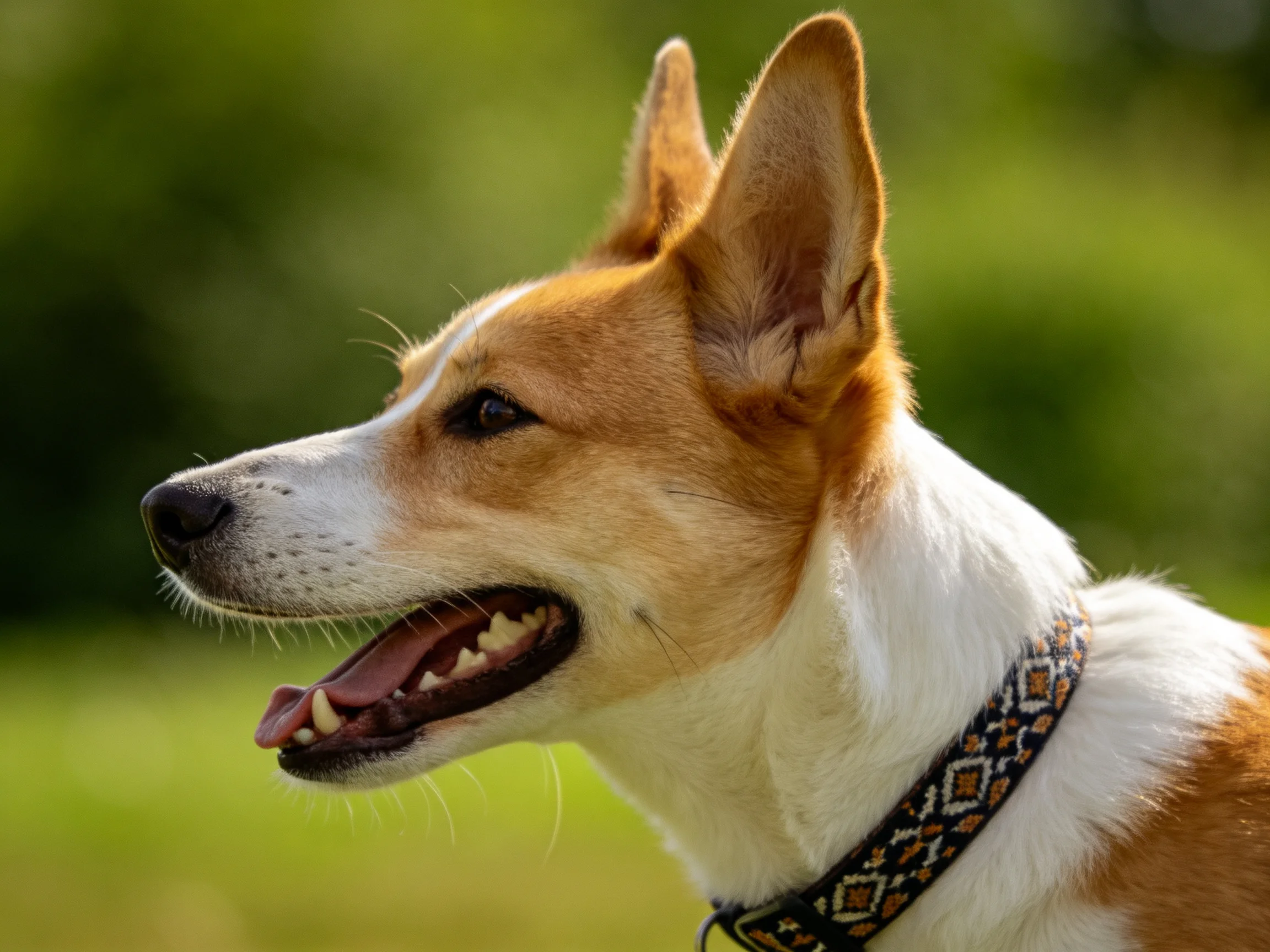 A tan and white dog with a patterned collar outdoors