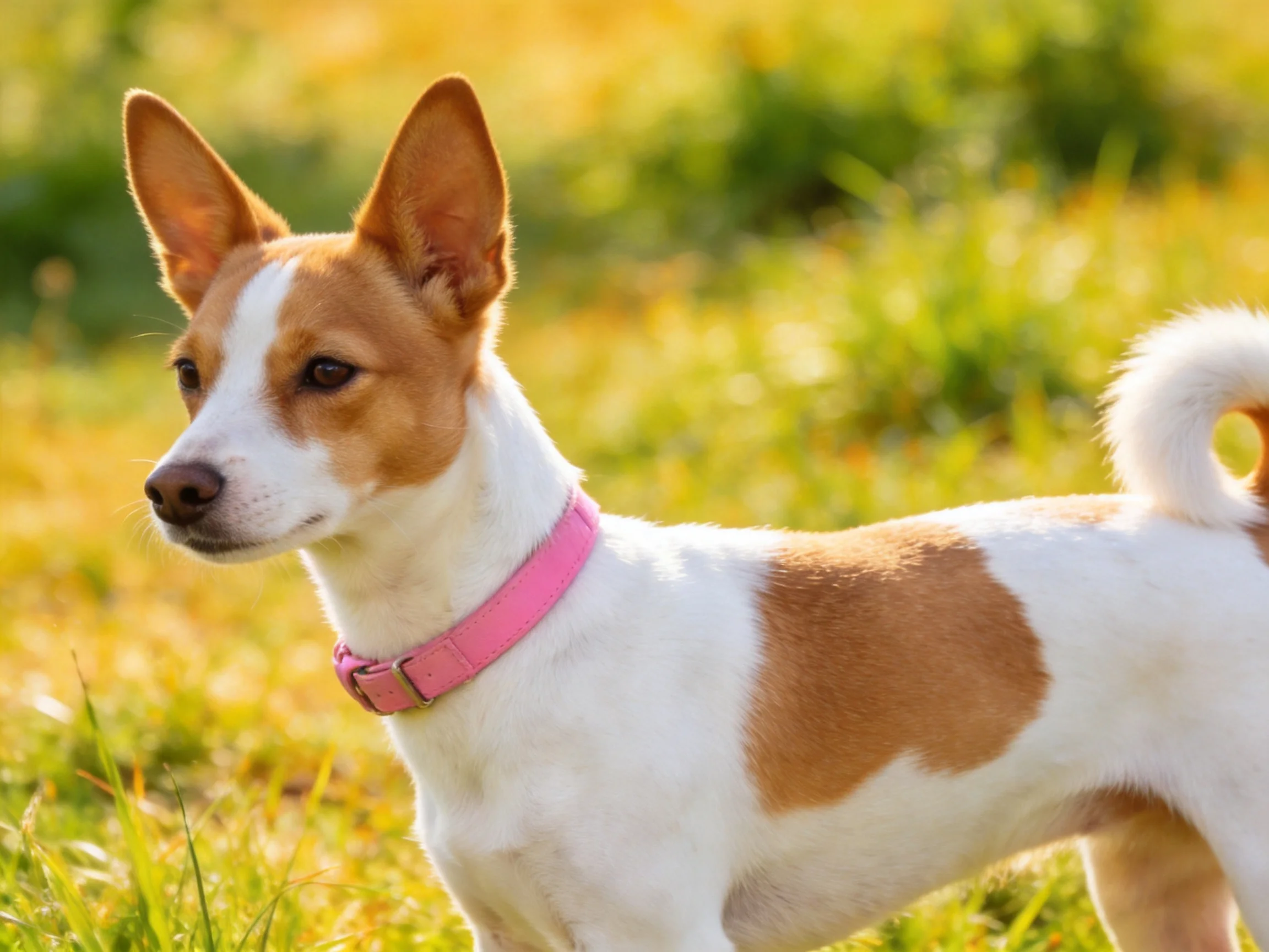 A tan-and-white dog with a pink collar stands in a sunlit outdoor area.