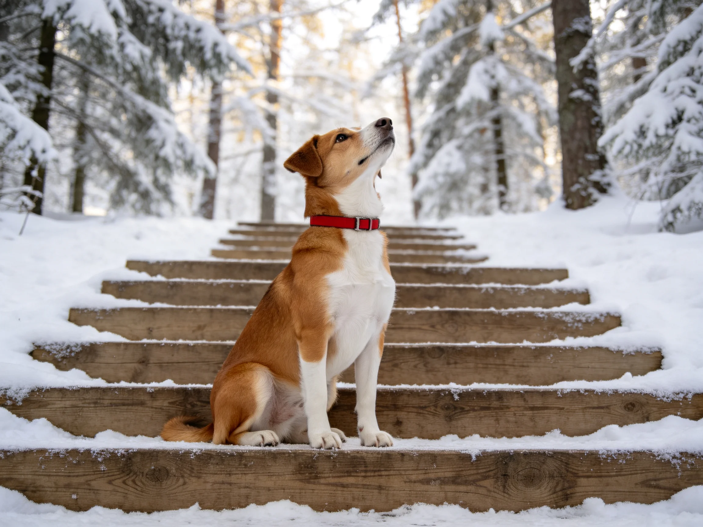 A tan and white dog with a red collar sits on snow-covered wooden steps in a snowy forest