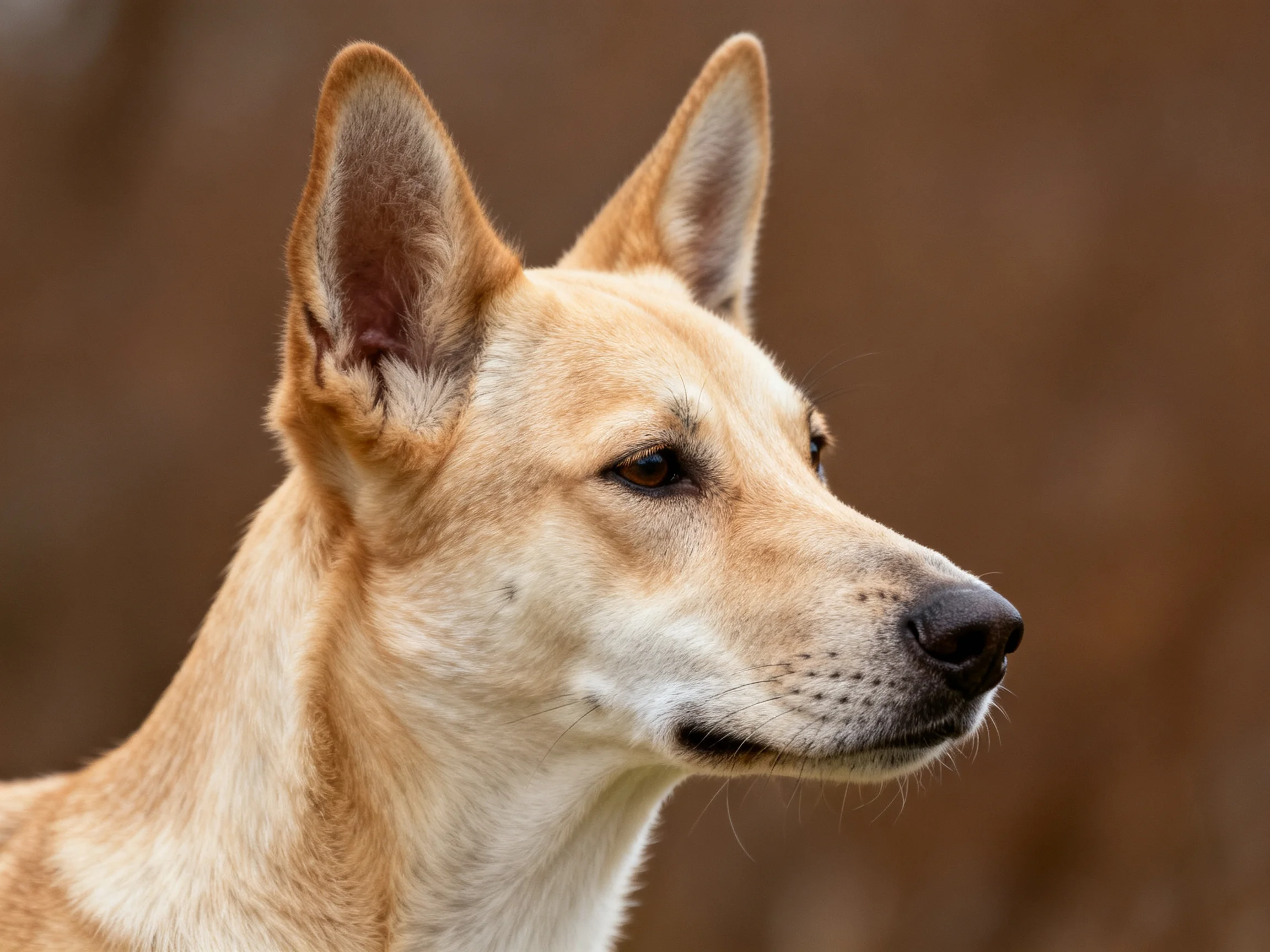 A tan and white dog with alert ears in a natural setting