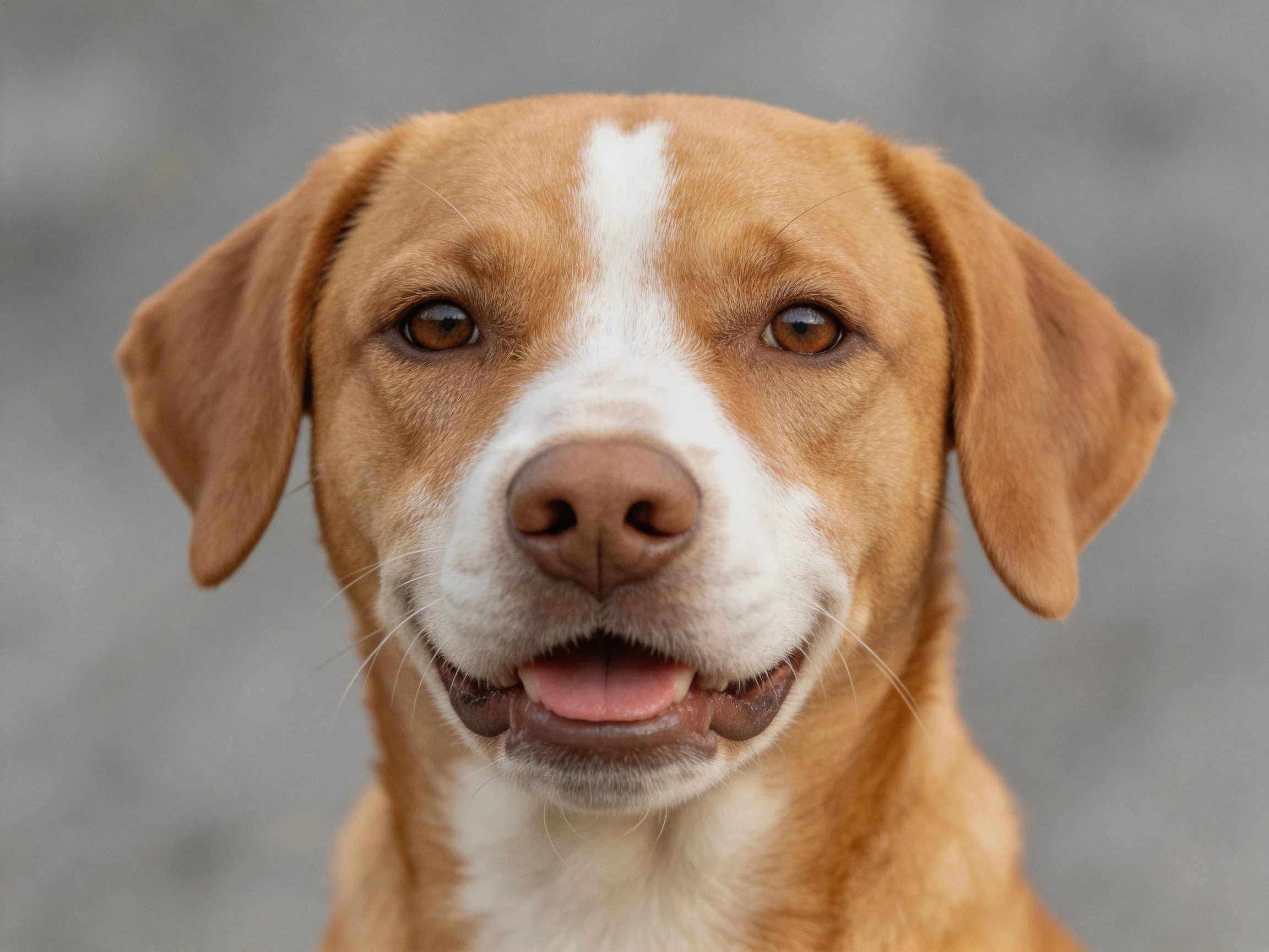 A tan and white dog with floppy ears stands against a gray background.