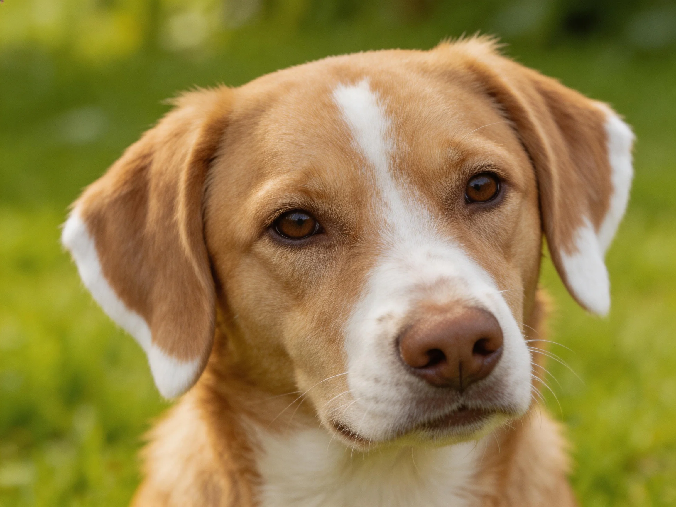 A tan and white dog with floppy ears in a green outdoor scene