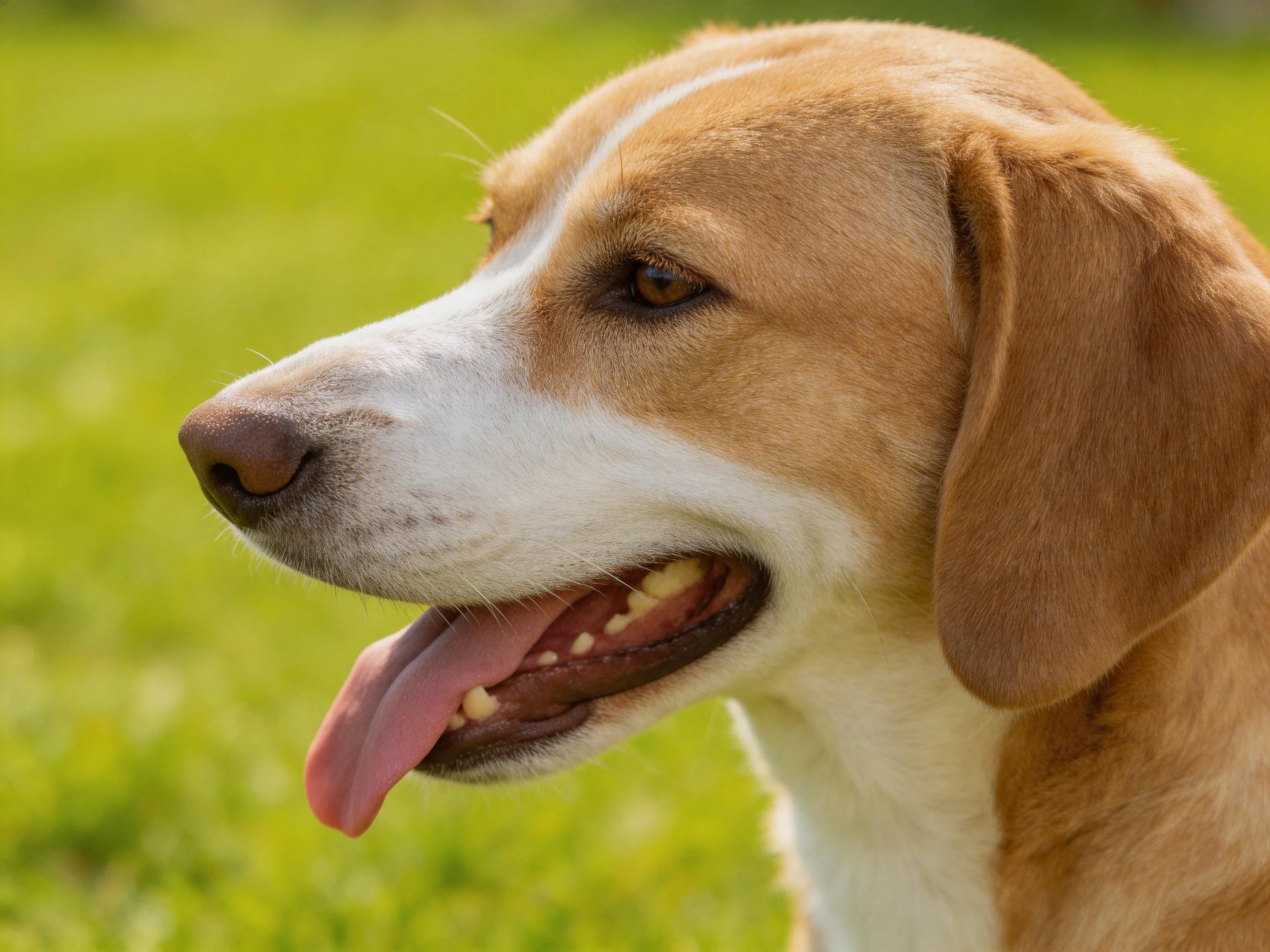 A tan and white dog with floppy ears stands in a bright green meadow