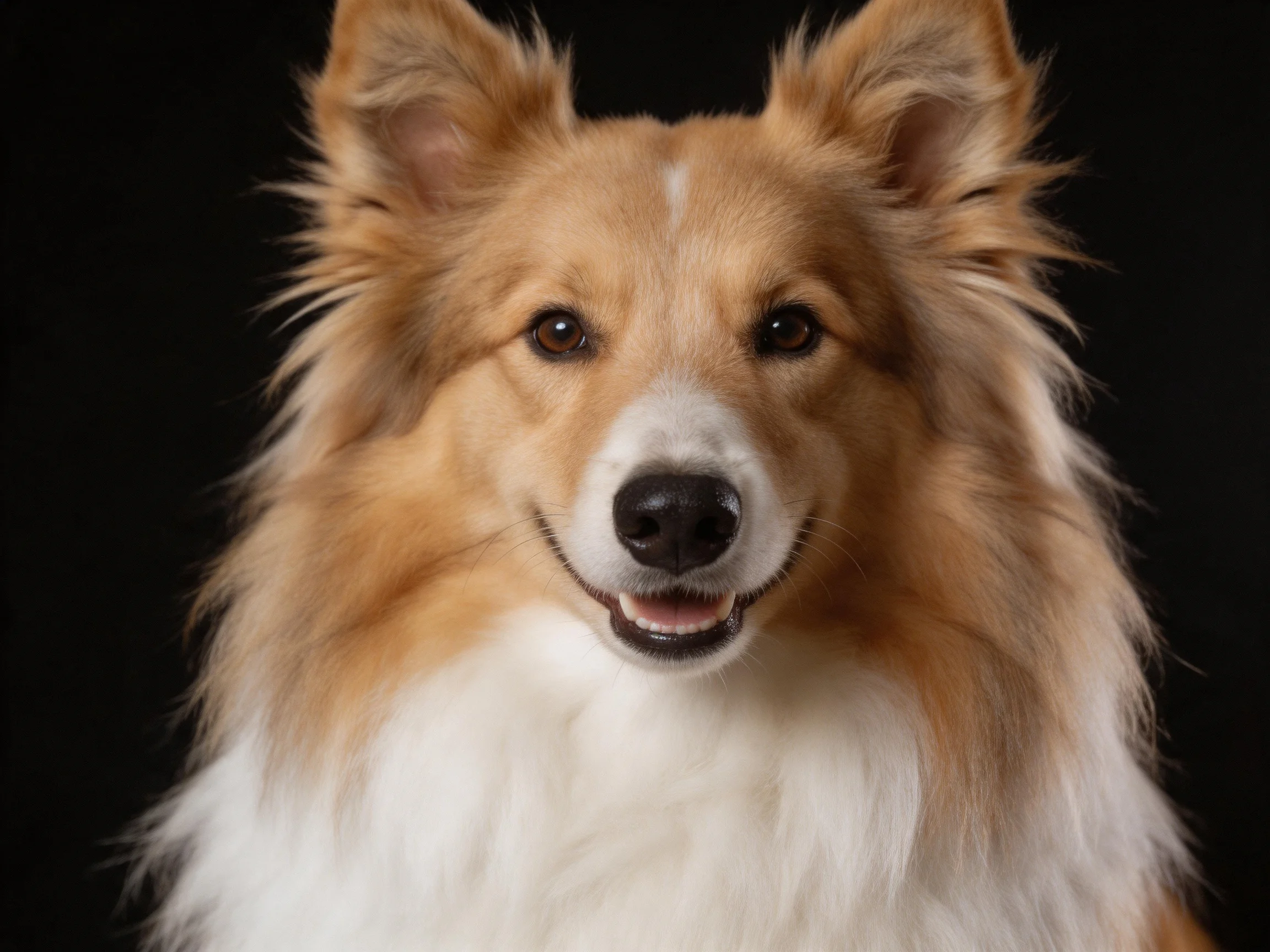 A tan and white long-haired dog smiles brightly against a black background.