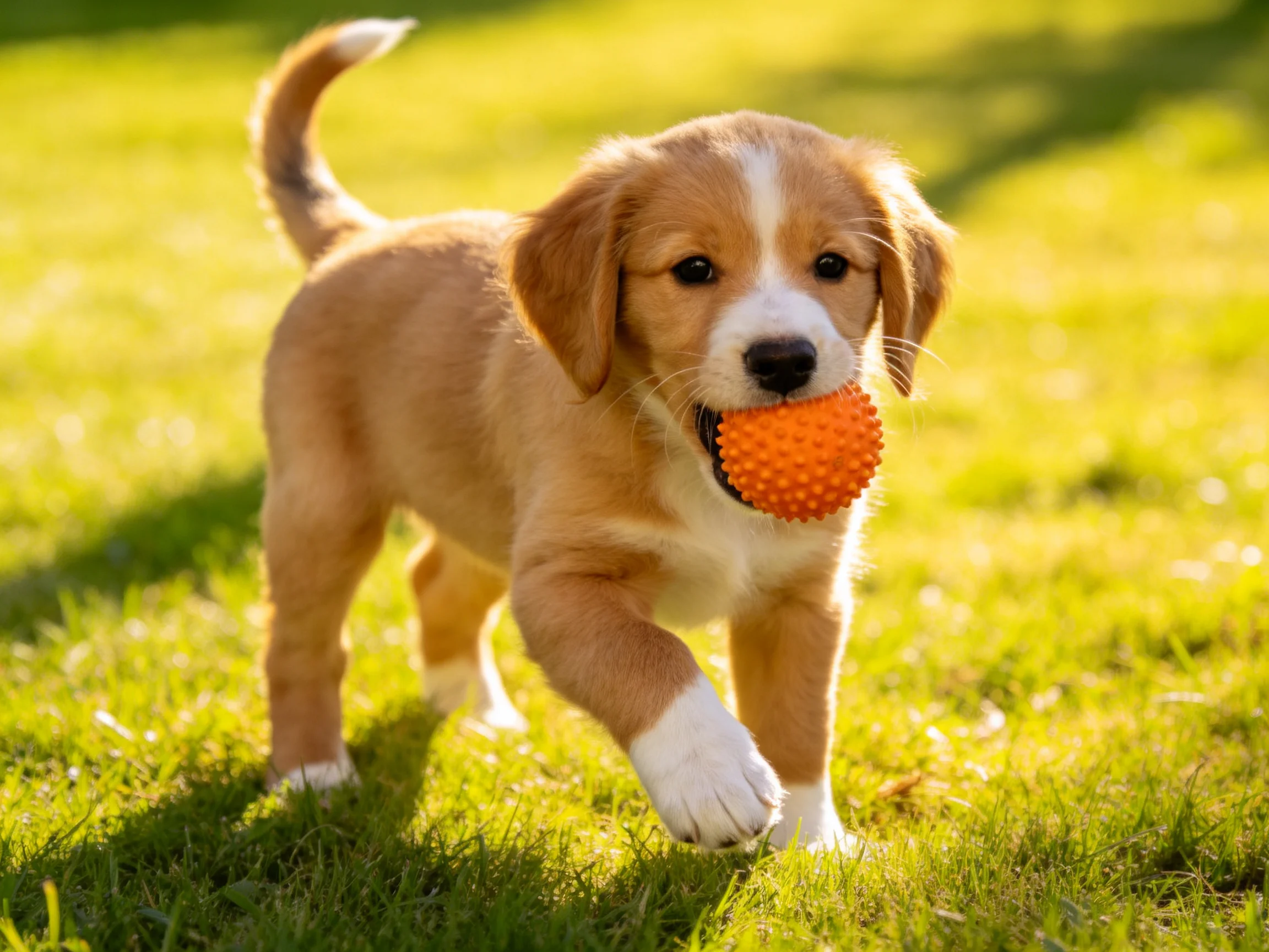 A tan-and-white puppy carries an orange spiky ball on green grass