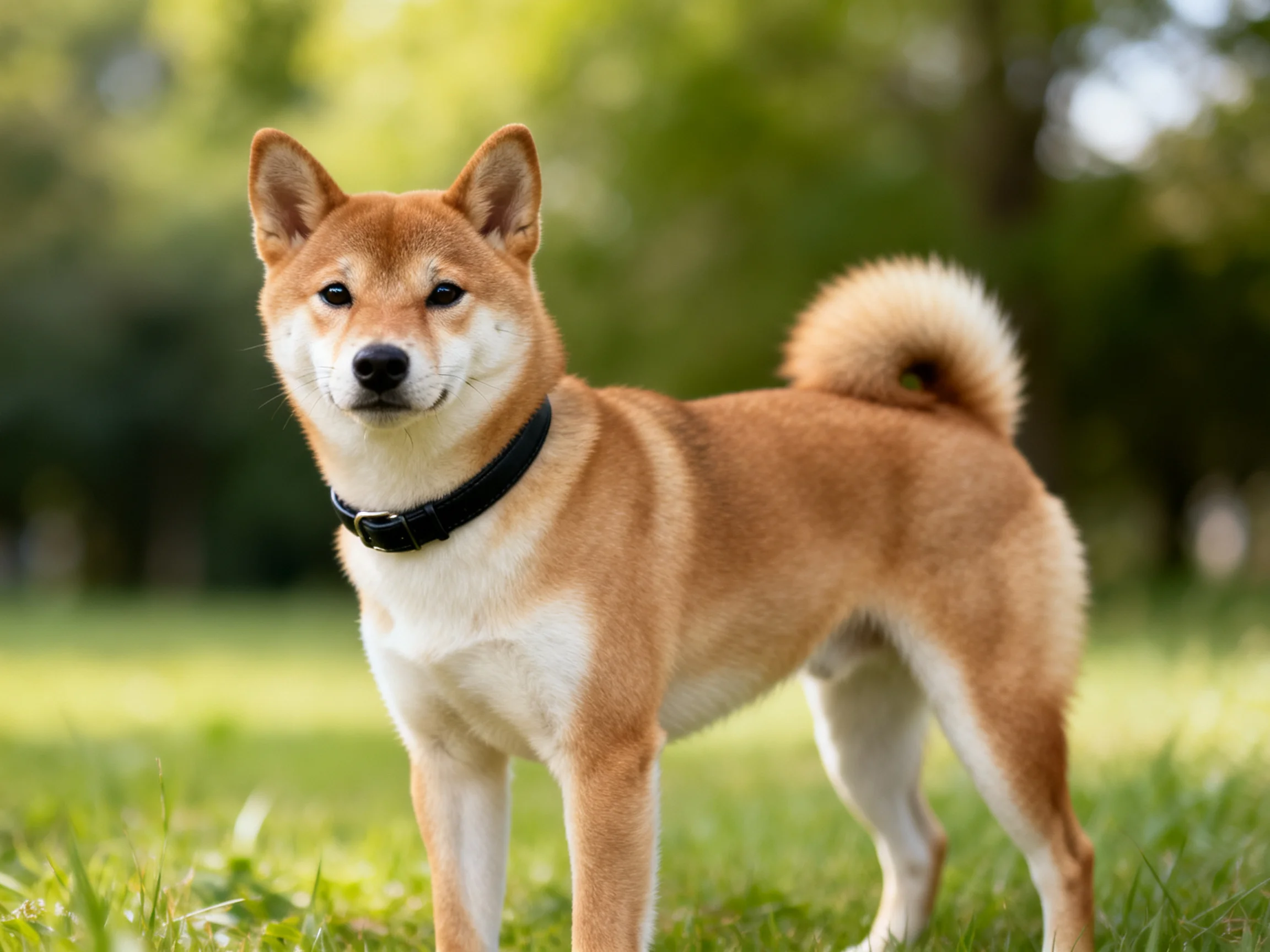 A tan and whiteShiba Inu stands on lush green grass