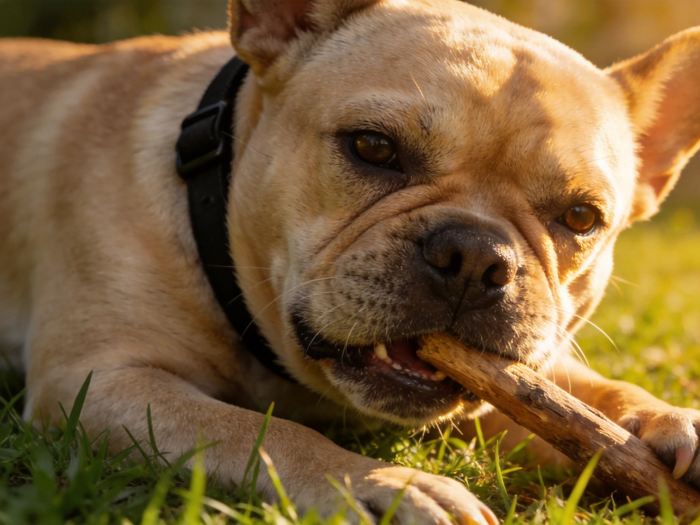 A tan bulldog chews a wooden stick on grass in bright sunlight.