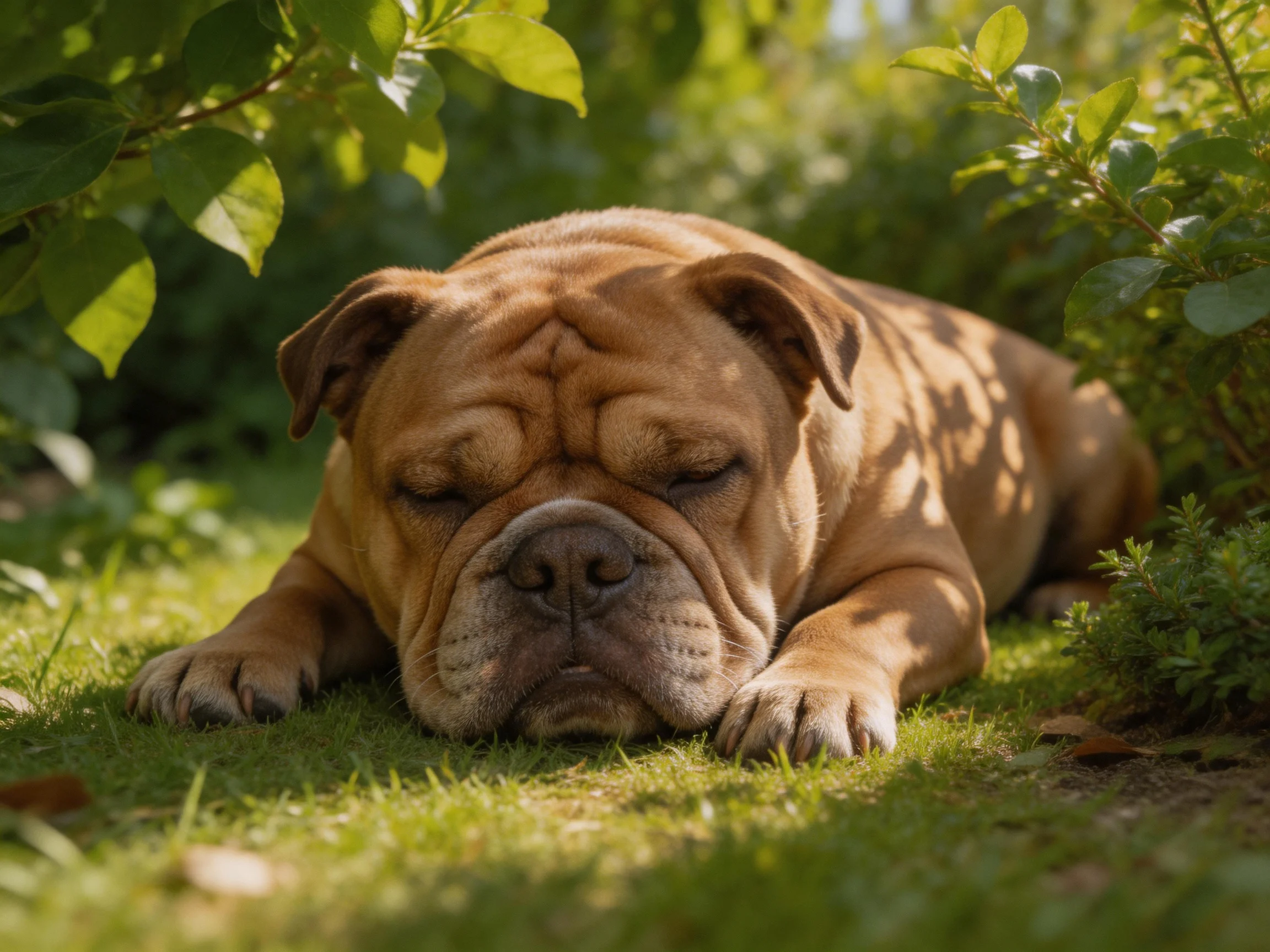 A tan bulldog rests peacefully among lush greenery under bright sunlight