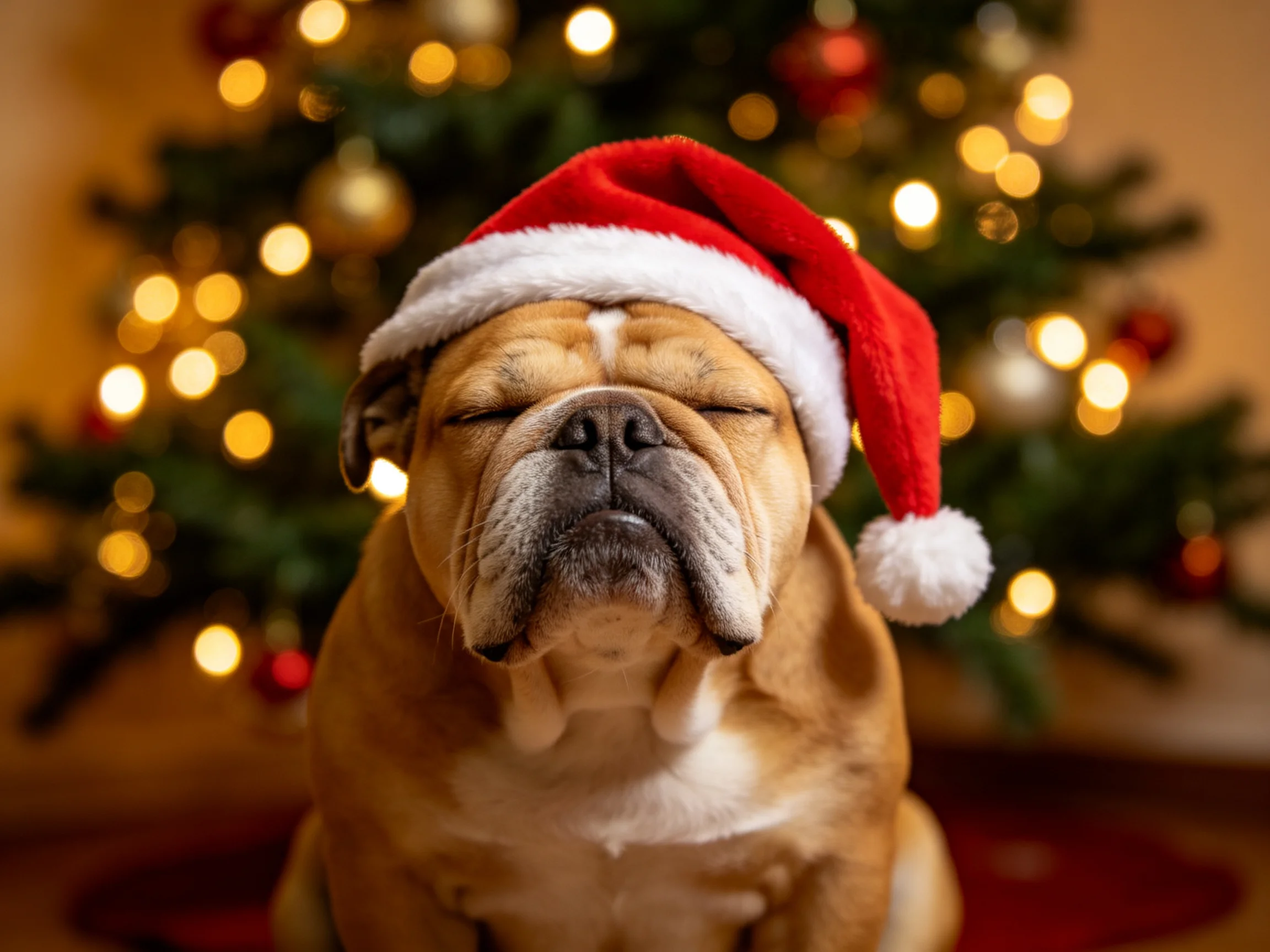 A tan bulldog wearing a red Santa hat near a decorated Christmas tree