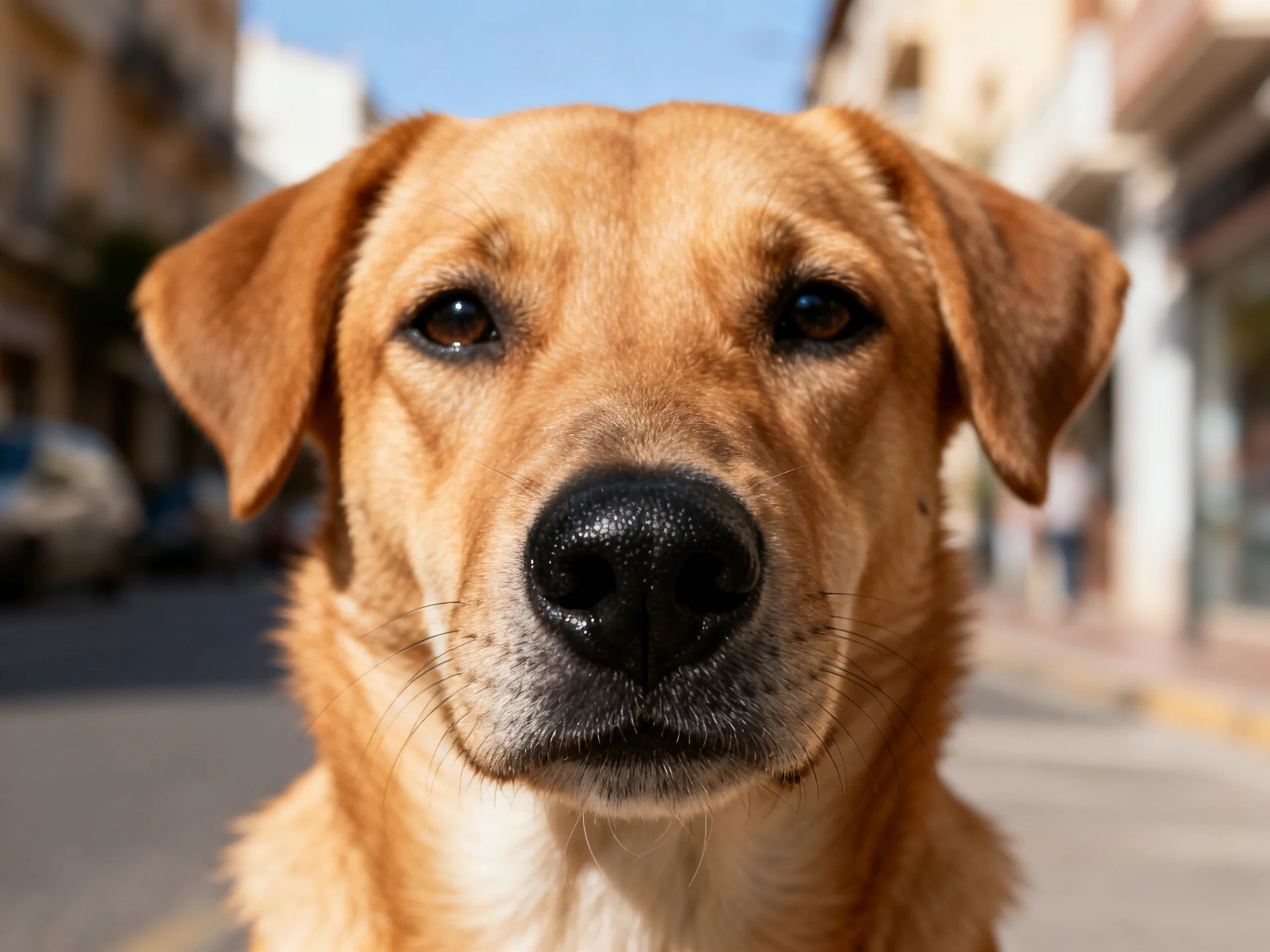 A tan-coated dog photographed up close on a sunlit street