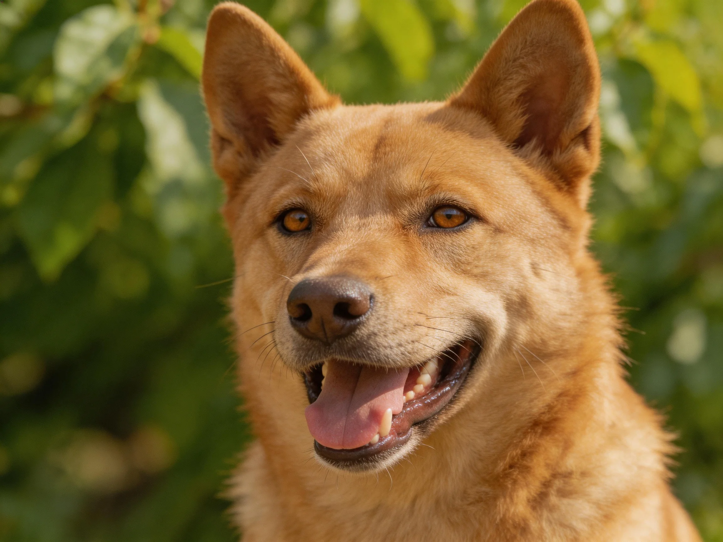 A tan-coated dog with upright ears poses amid lush green foliage