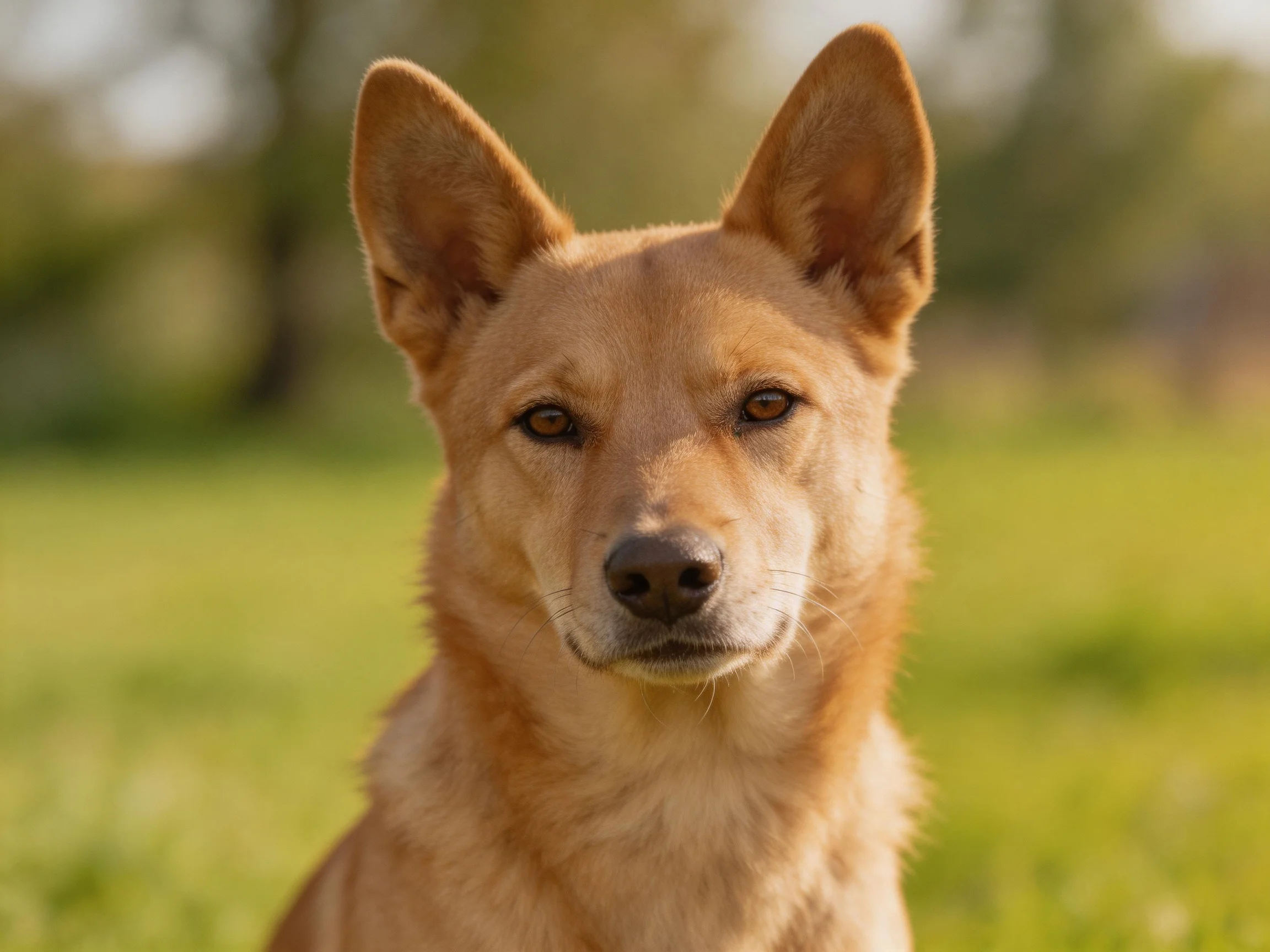 A tan-colored dog with upright ears in a sunlit grassy area