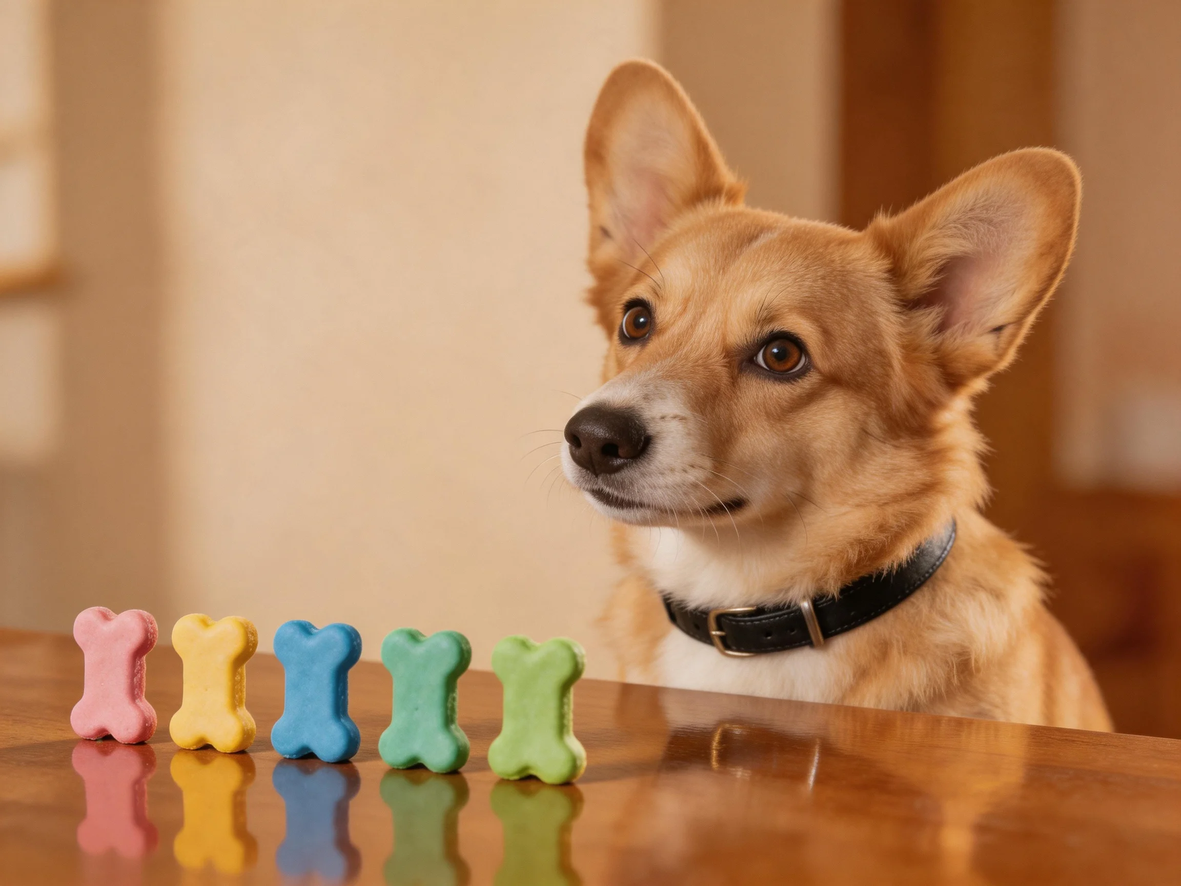 A corgi looks at five colorful bone - shaped treats on a wooden table.
