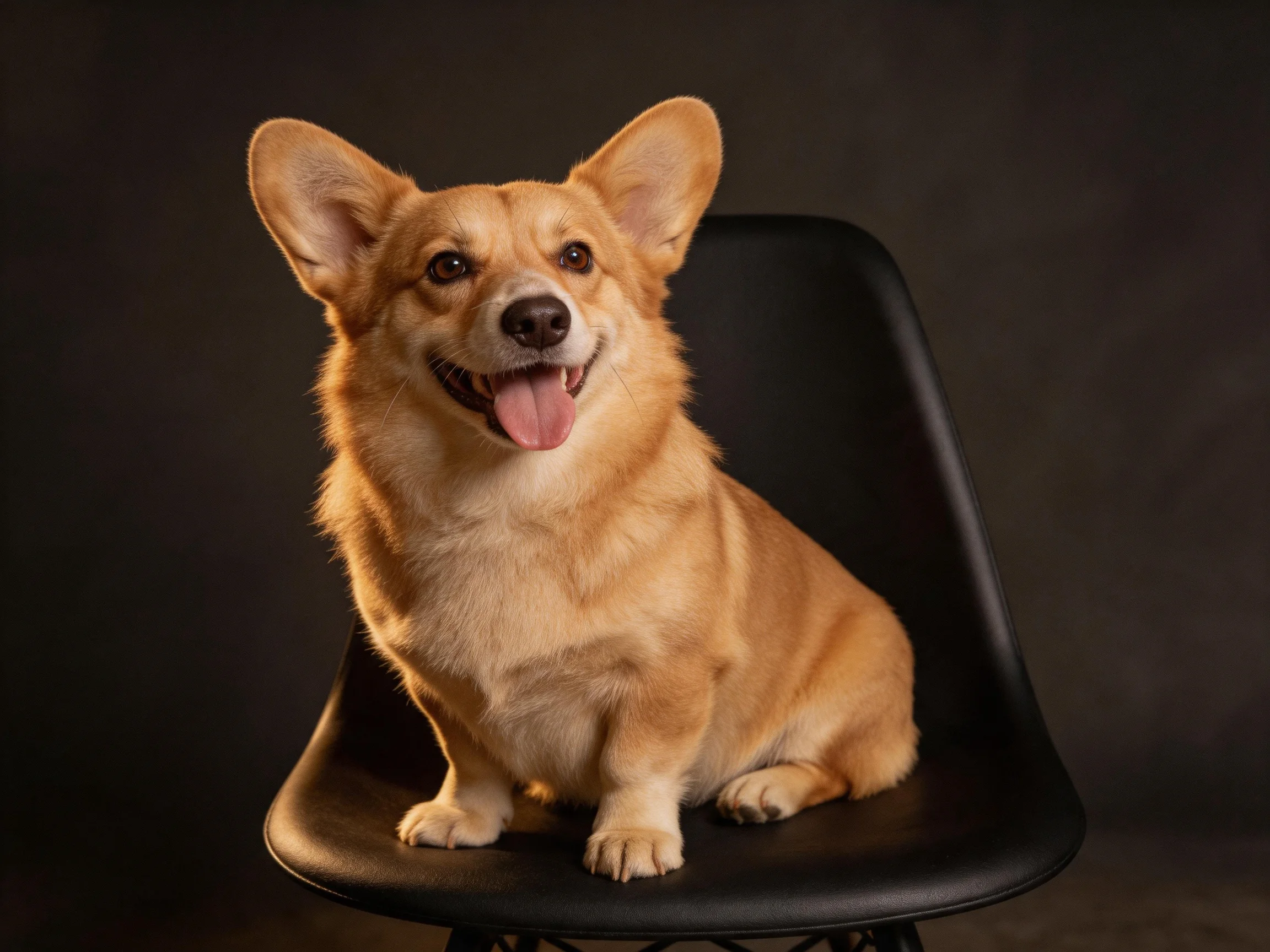 A tan corgi sits happily on a sleek black chair with a dark backdrop