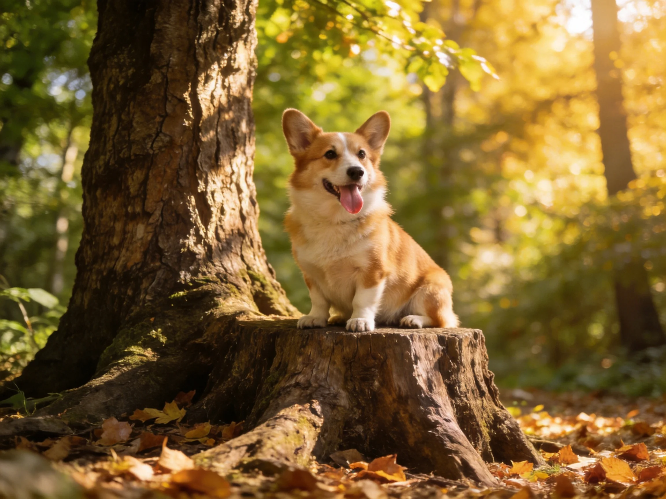 A tan corgi sits on a large tree stump in a sun-dappled forest