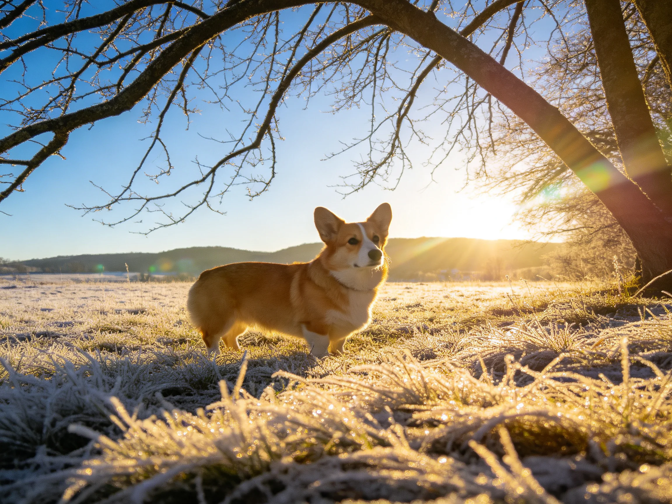 A tan corgi stands in a frost-covered field beneath bare trees at sunrise