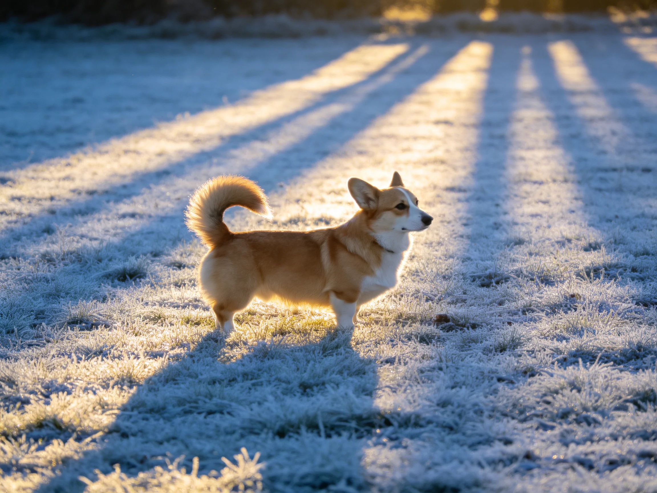 A tan corgi stands on frost-covered grass under golden sunlight