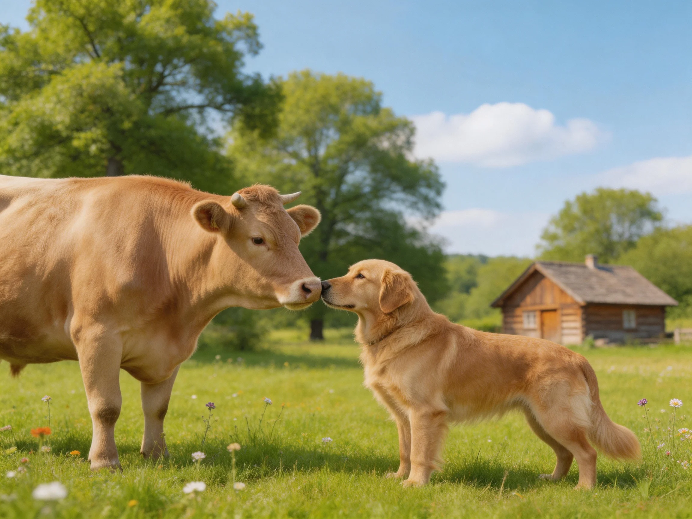 A tan cow and golden retriever share an affectionate moment in a sunny meadow with a wooden cabin nearby.