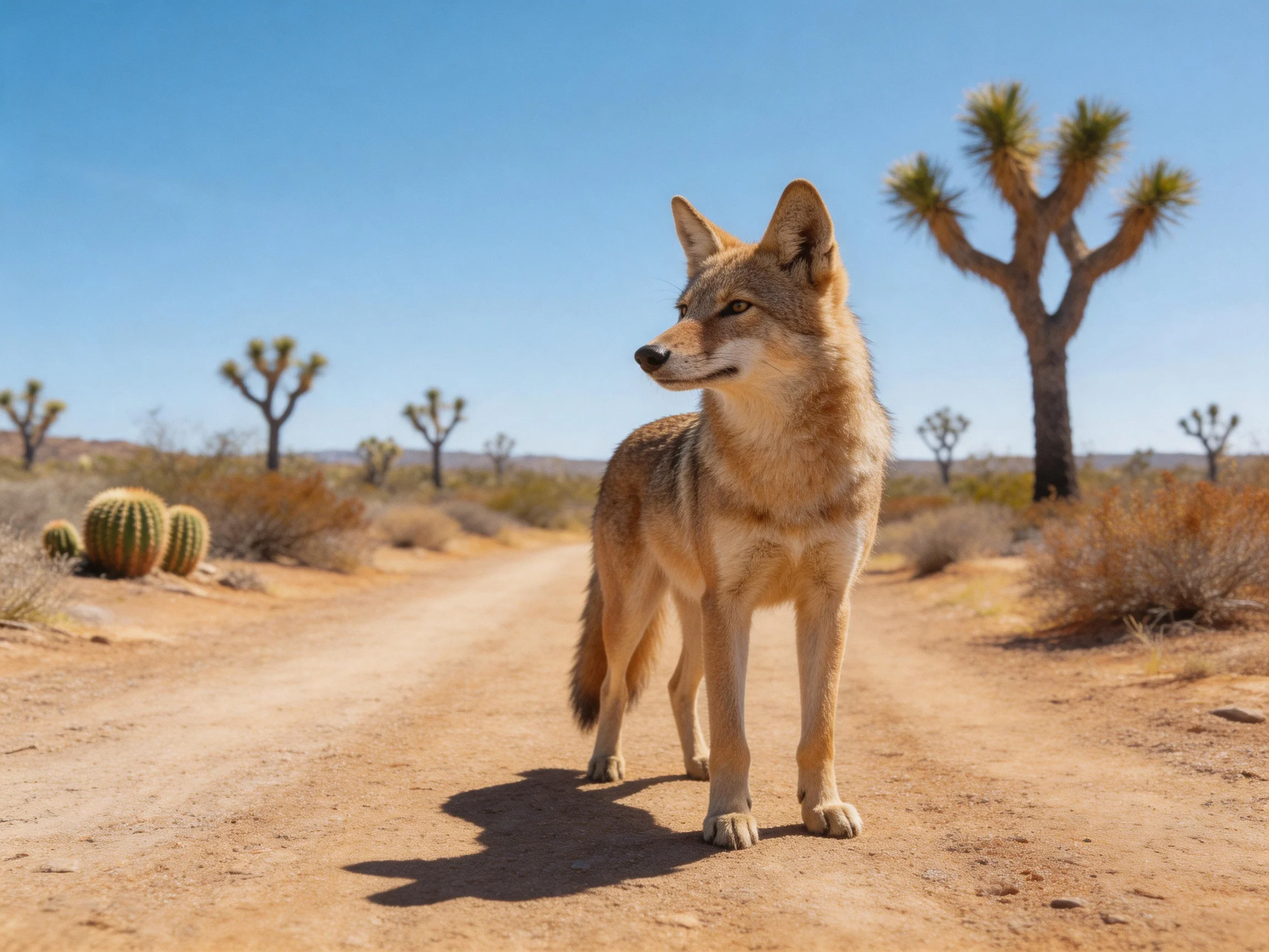 A tan coyote stands on a dusty desert road amid Joshua trees and cacti.