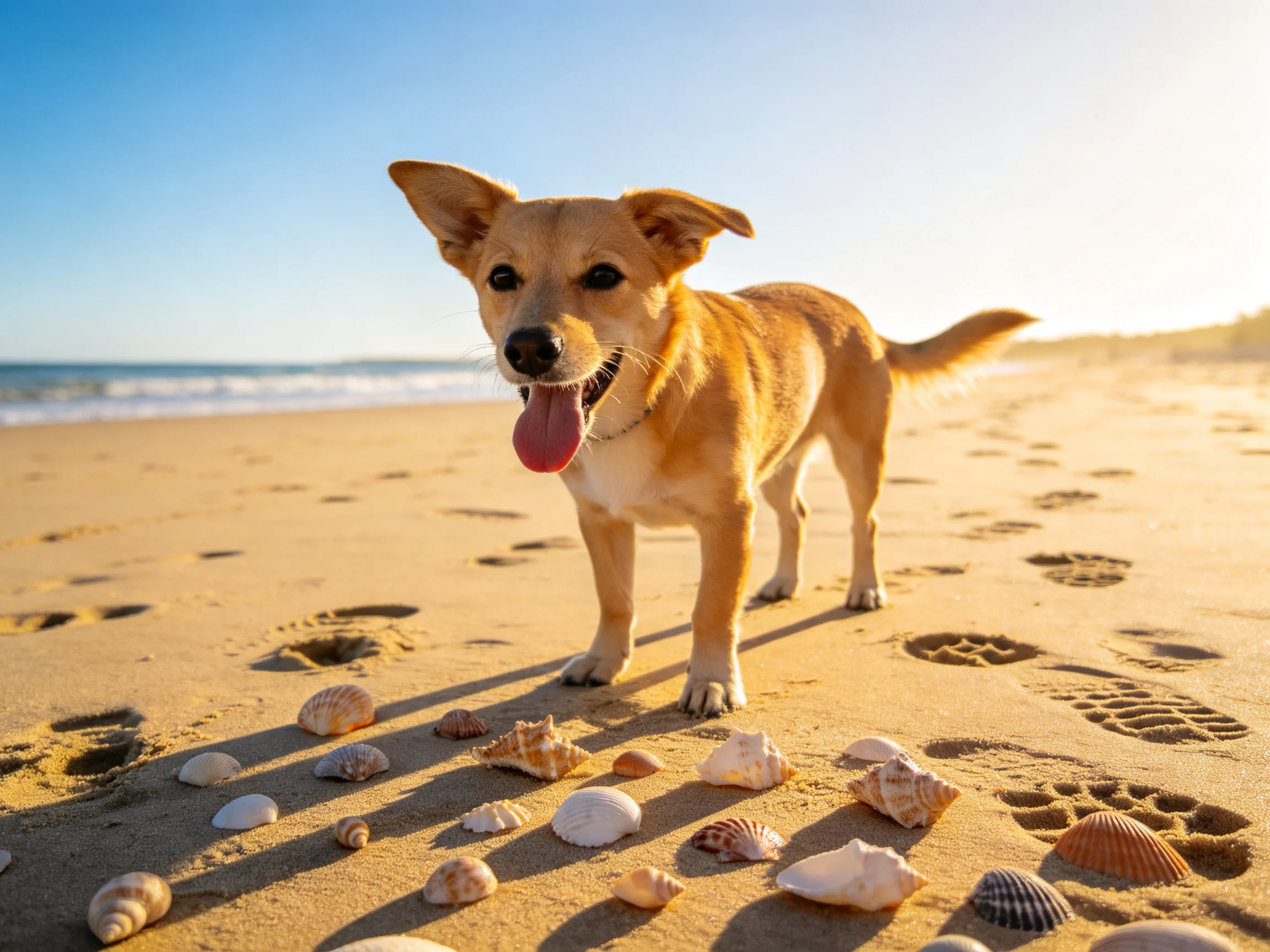 A tan dog explores a sandy beach with assorted seashells.