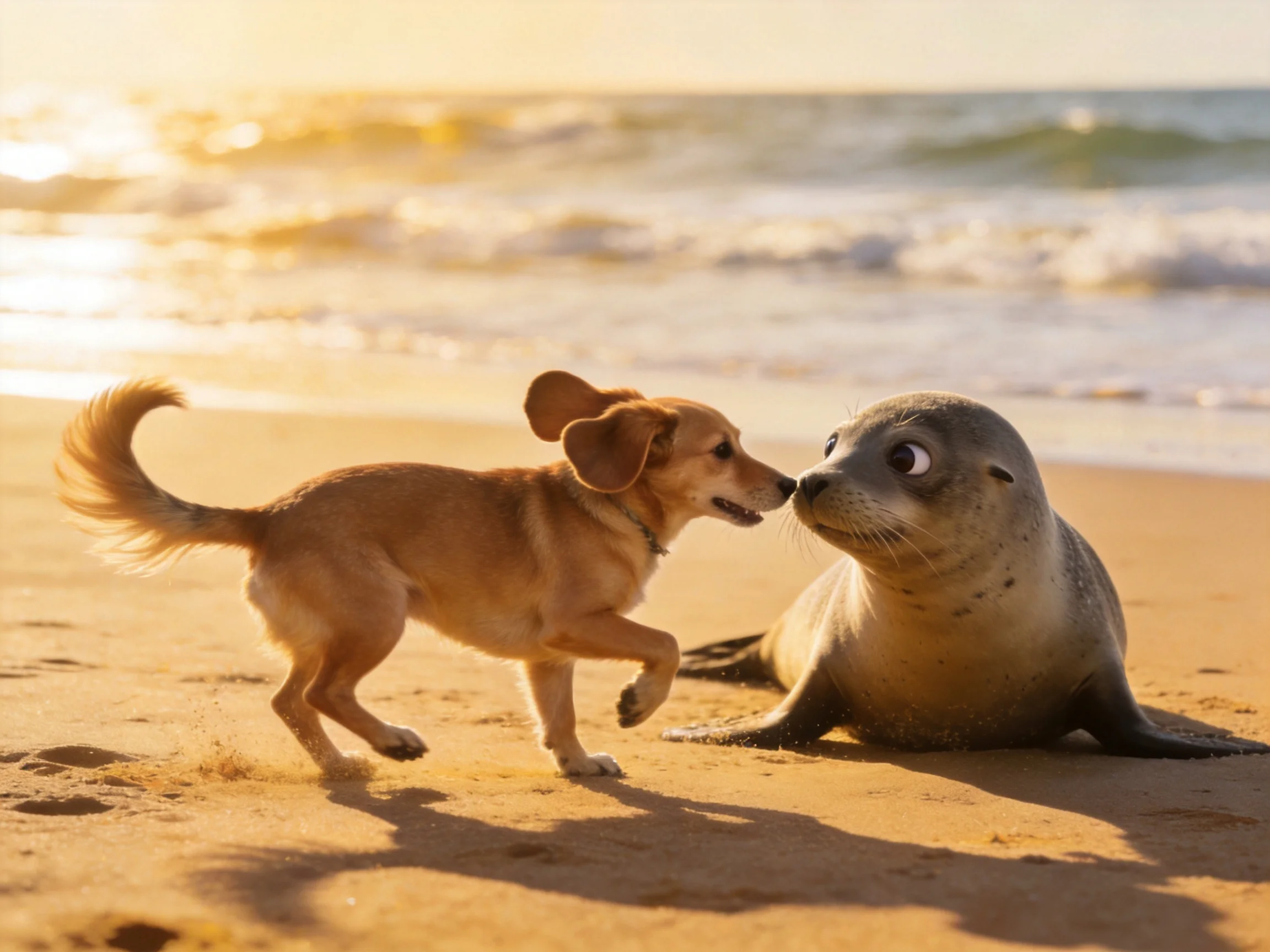 A tan dog and gray seal interact on a sunny sandy beach