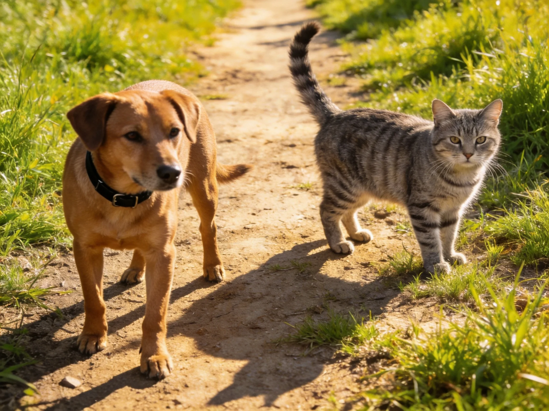A tan dog and gray tabby cat walk along a sunlit dirt path
