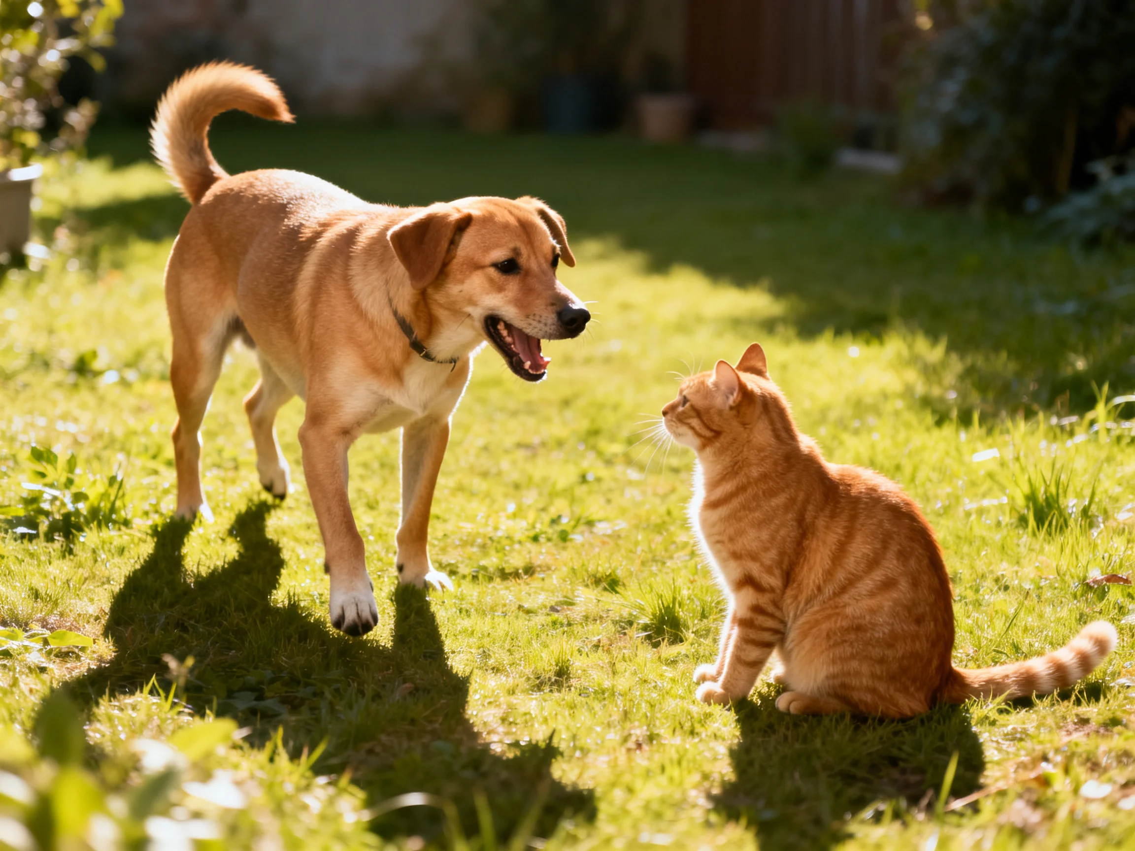 A tan dog and orange tabby cat interact in a sunlit backyard.