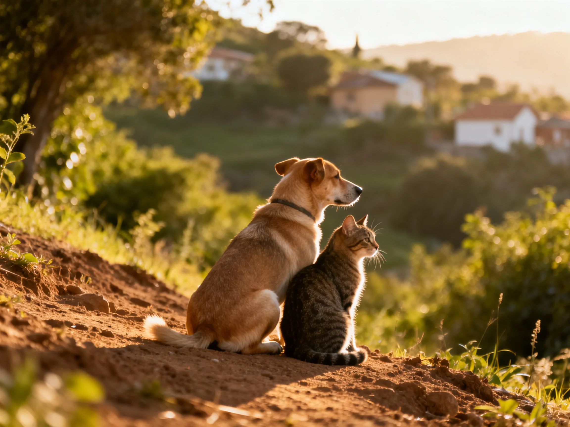 A tan dog and tabby cat sit together on a dirt hillside near homes