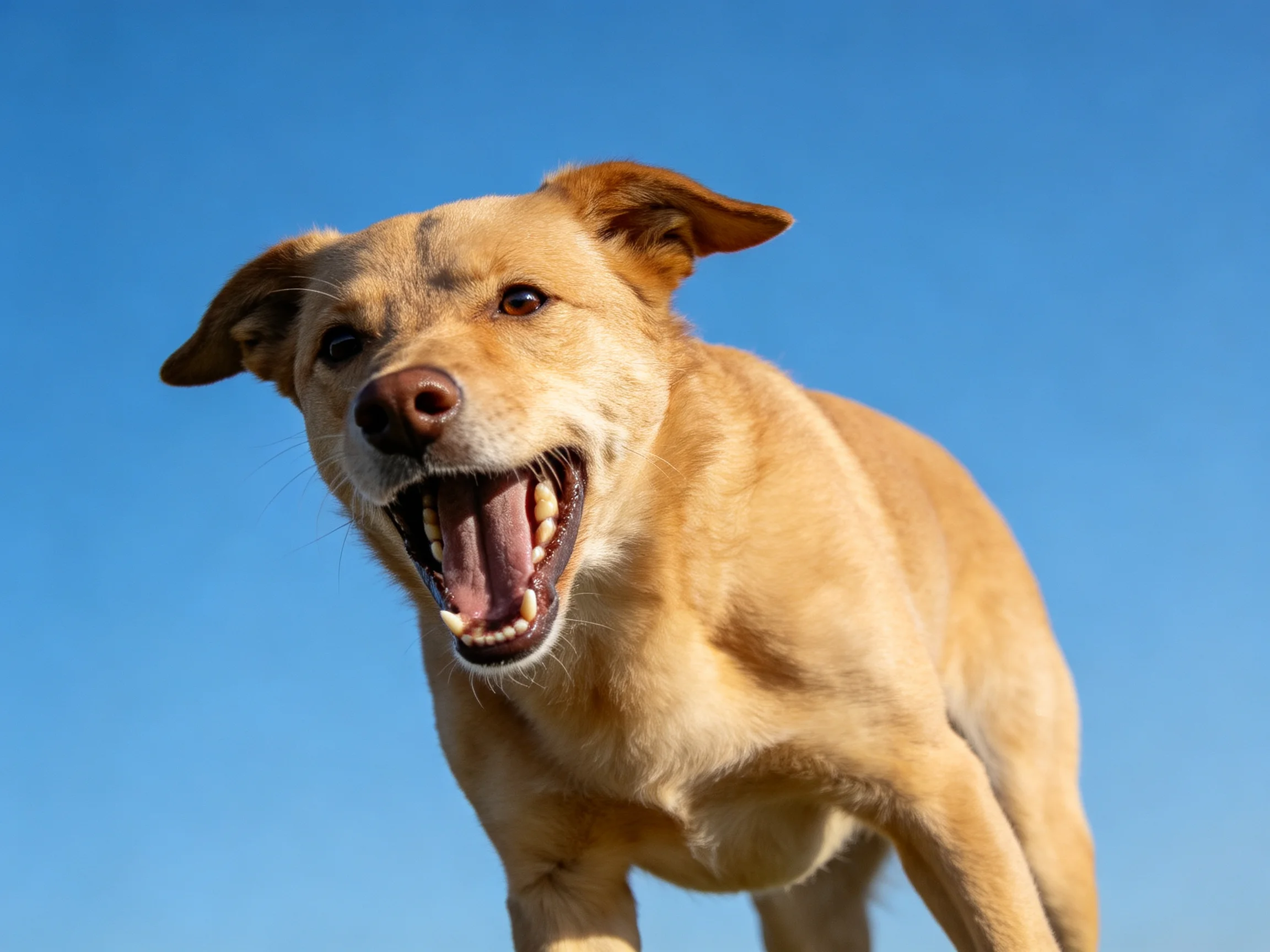 A tan dog barks joyfully against a clear blue sky