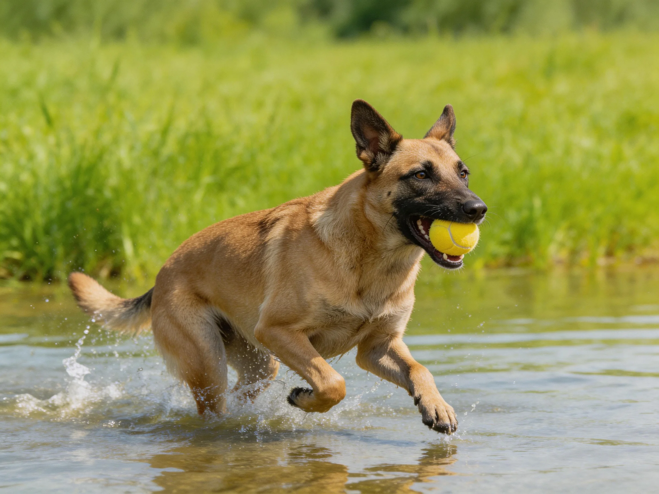 A tan dog carries a bright yellow ball running through shallow water near lush green grass