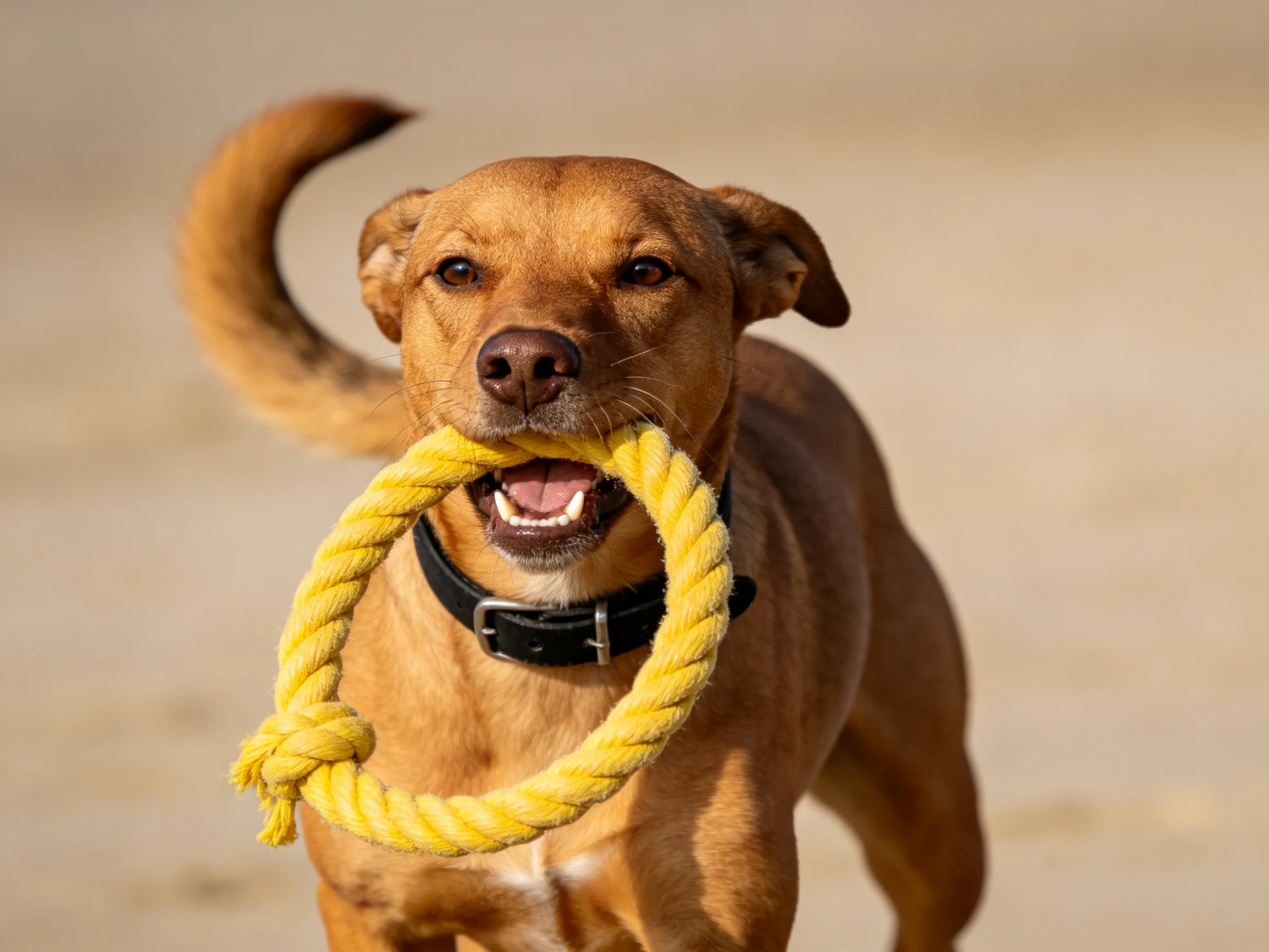 A tan dog carrying a bright yellow rope toy on sandy terrain