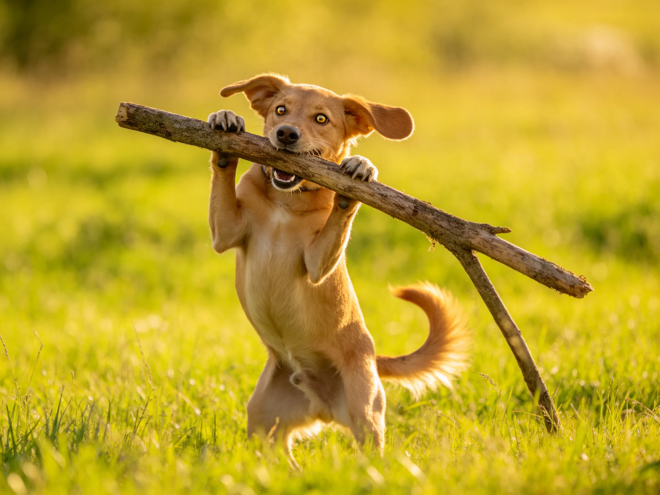 A tan dog carrying a thick wooden branch in a sunlit meadow