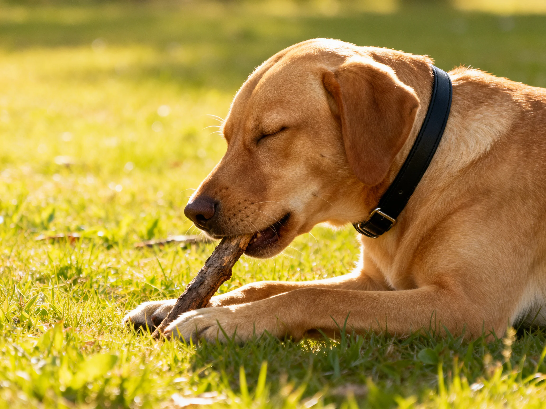 A tan dog chews a wooden stick on sunlit green grass