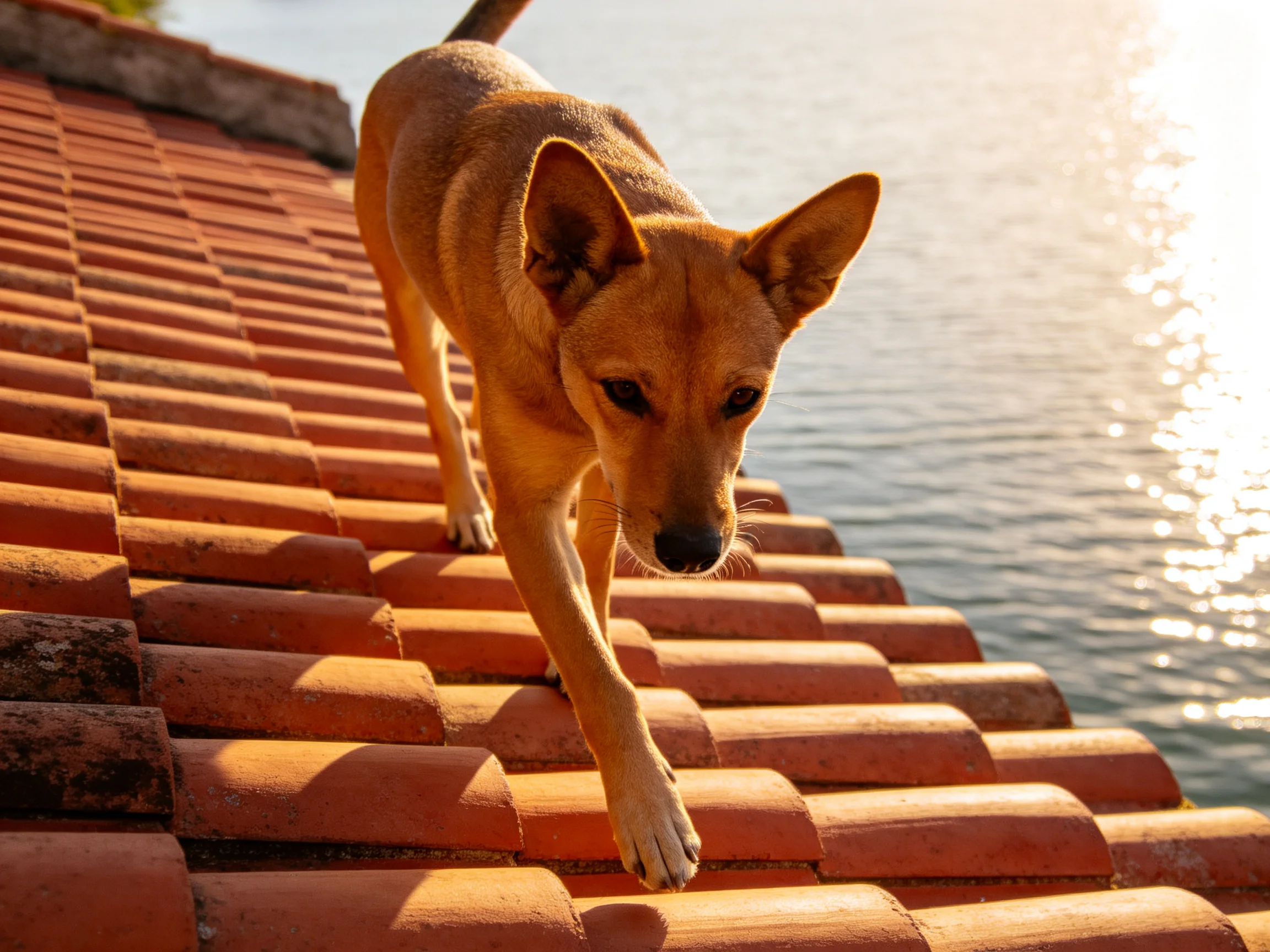 A tan dog climbs terracotta roof tiles beside glistening water