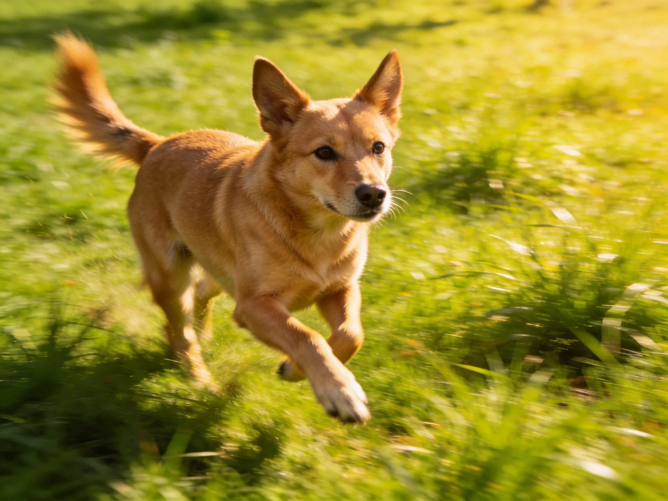 A tan dog runs energetically through a sunlit grassy area.