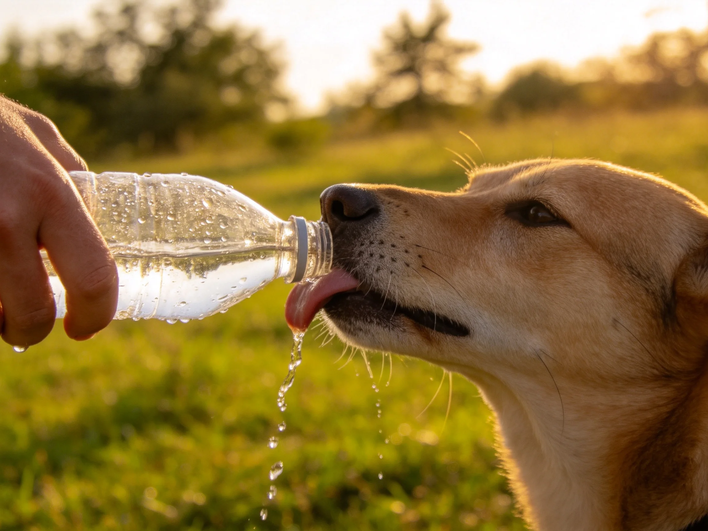 A tan dog drinks water from a clear plastic bottle in a sunny field