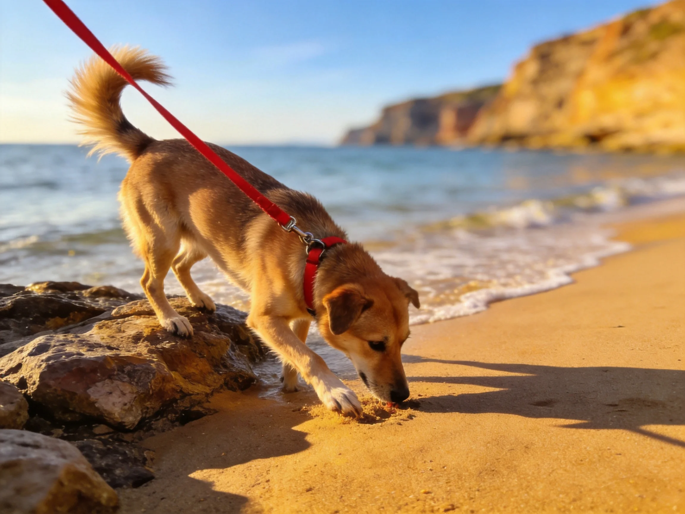 A tan dog explores rocky shore with red leash near cliffs