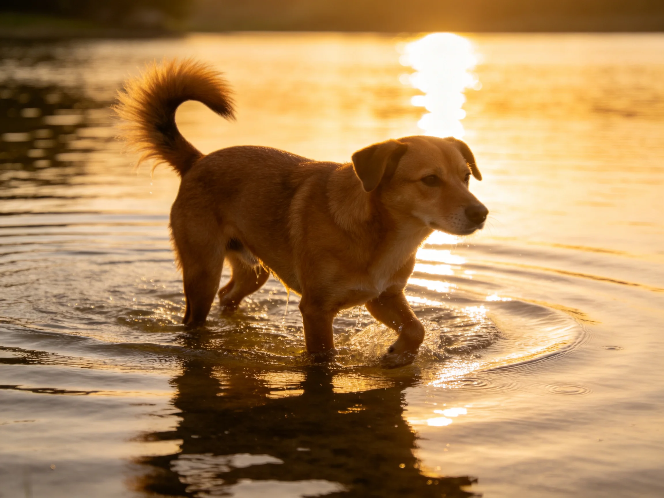 A tan dog explores shallow water bathed in golden sunlight