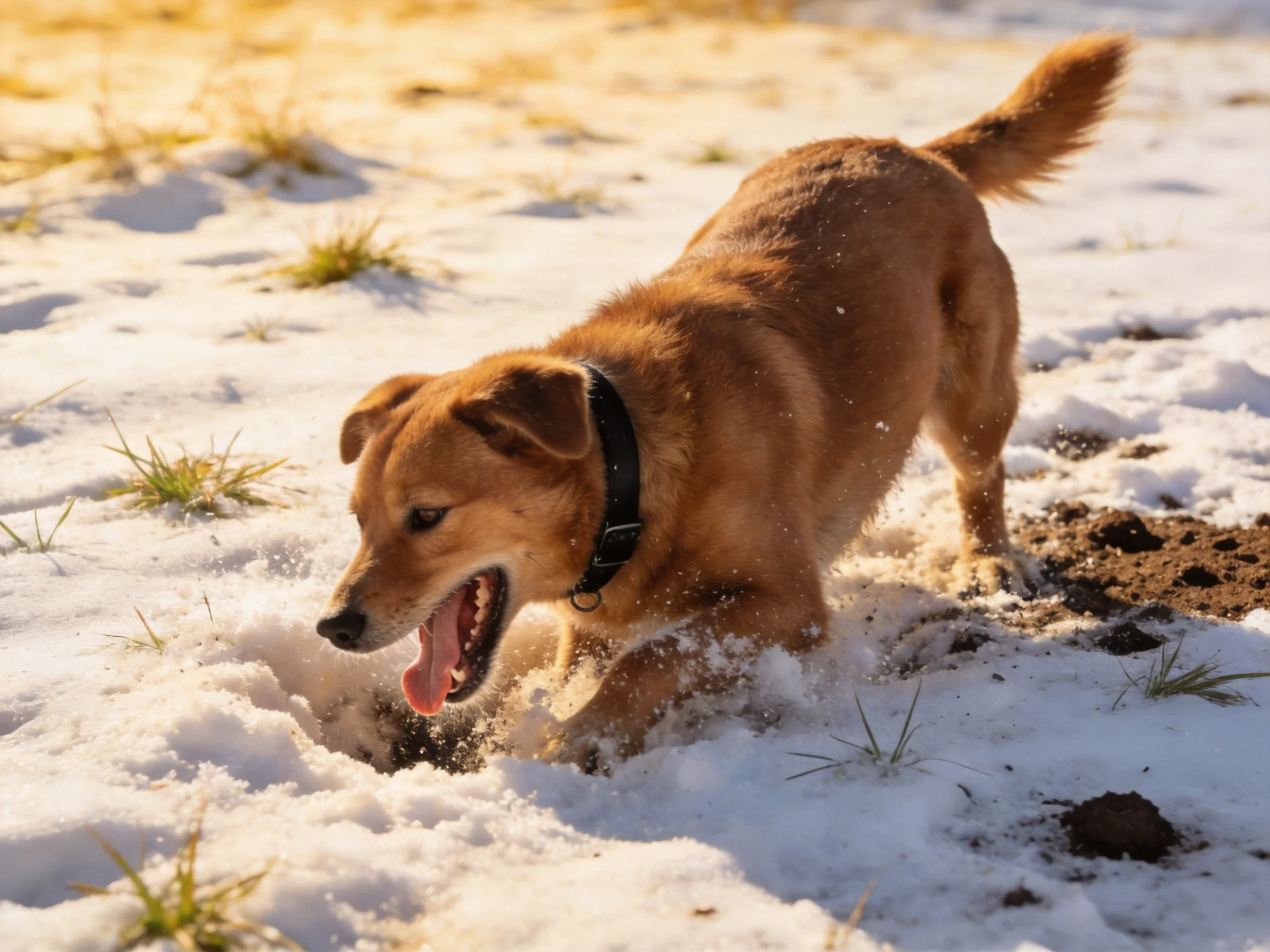 A tan dog moves through snowy and dirt-laden ground.