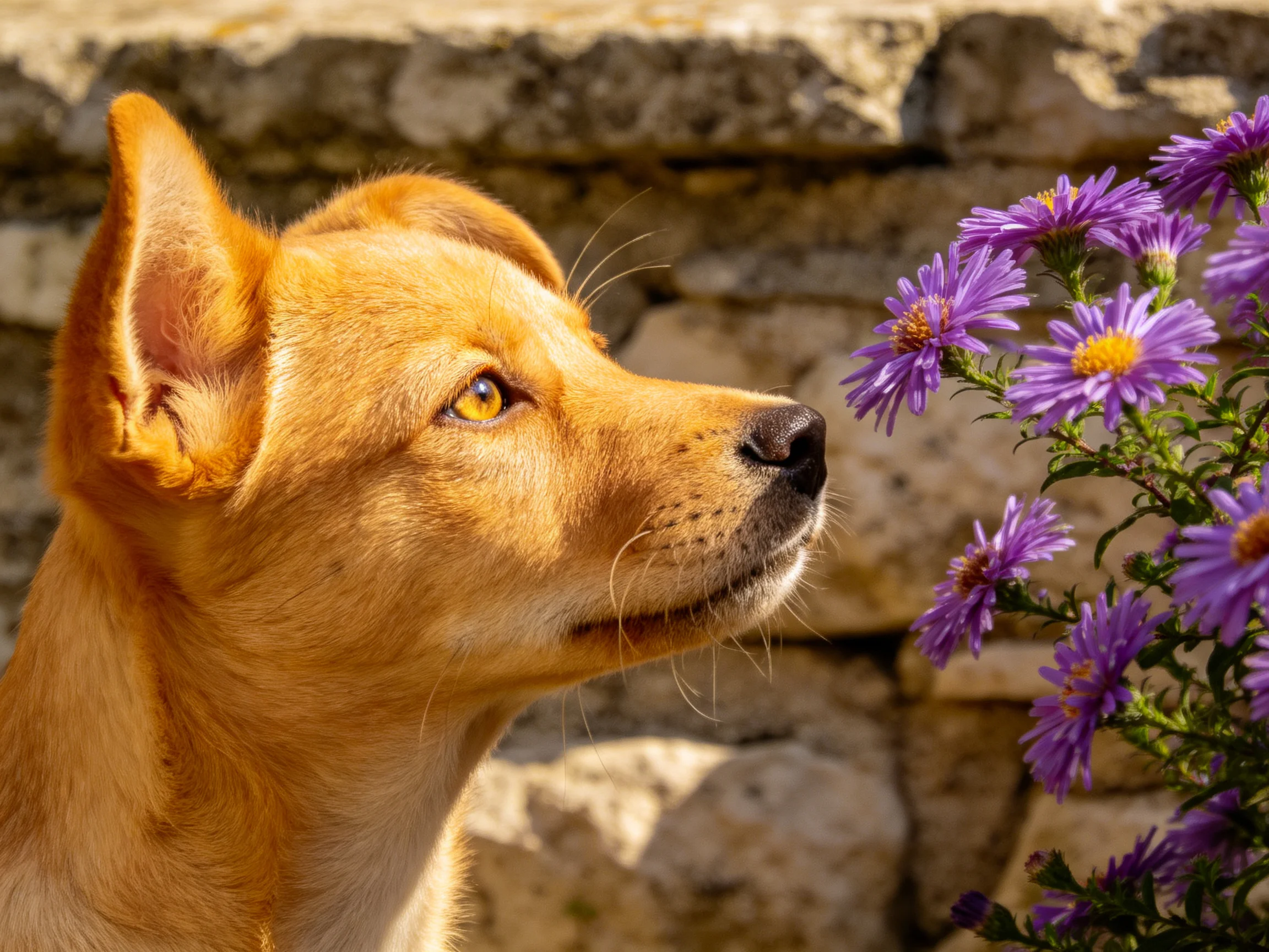 A tan dog looks at purple flowers near a stone wall.