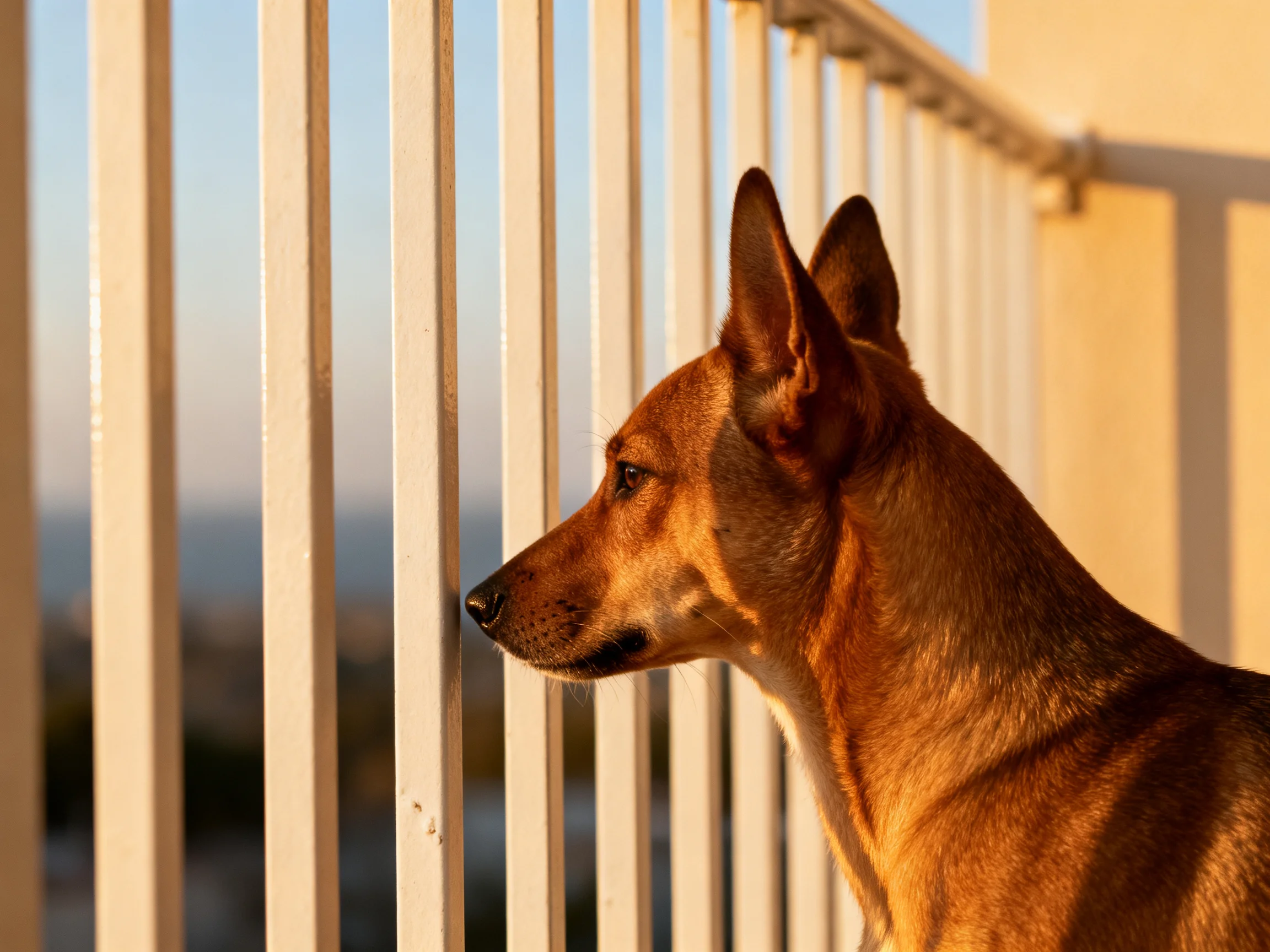 A tan dog looks out from white railings during golden hour