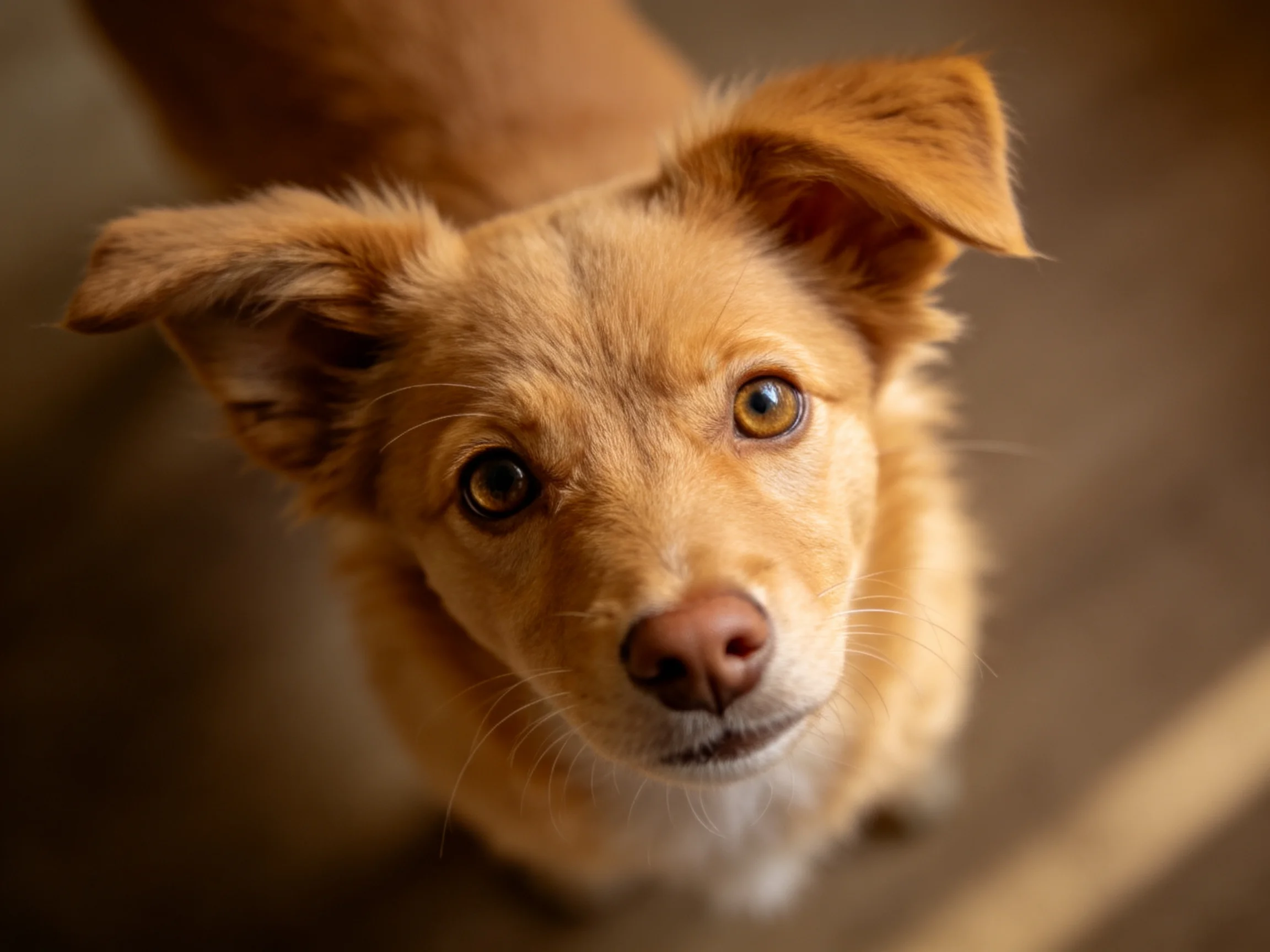 A tan dog gazes upward with perky ears