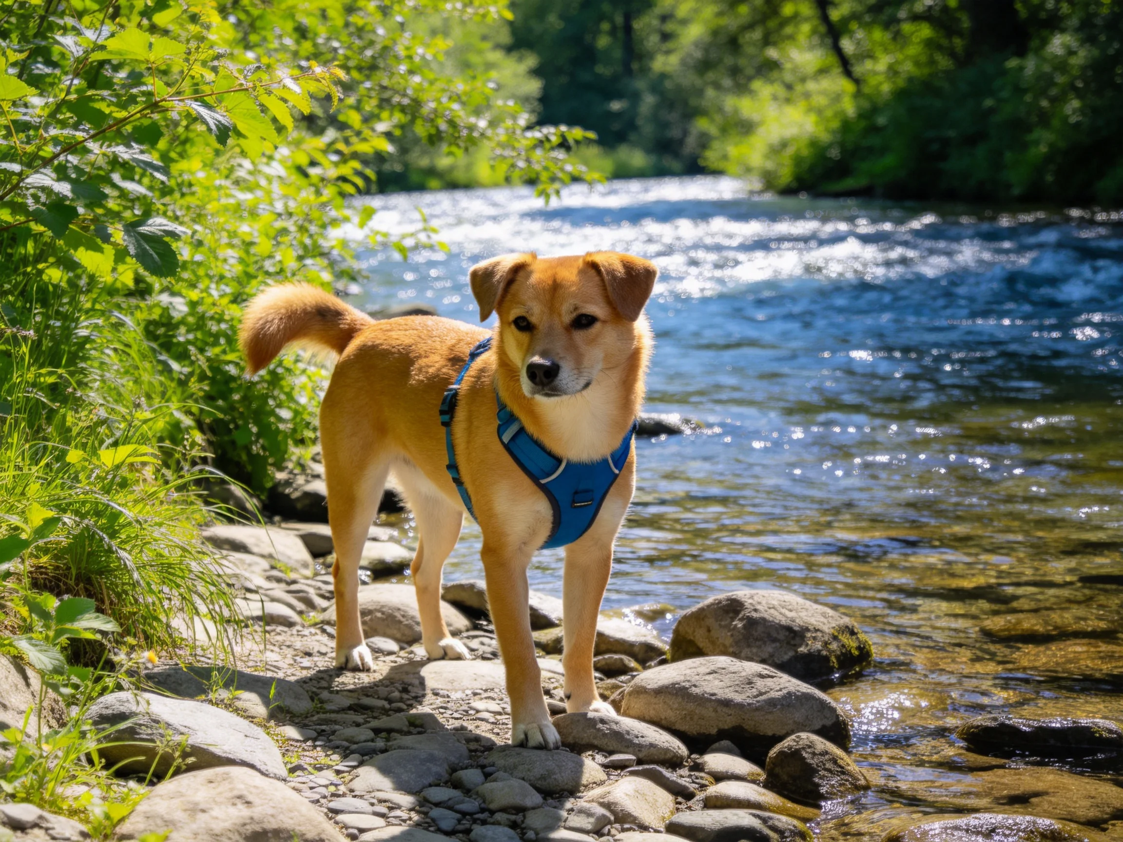 A tan dog in a blue harness stands by a sunlit riverbank