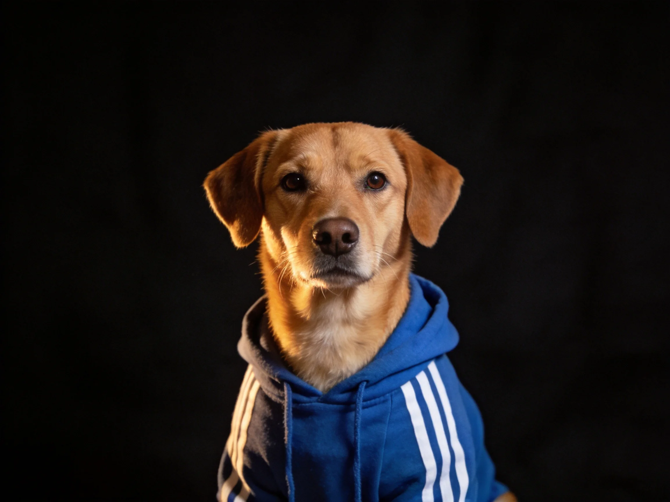 A tan dog in a blue hoodie with white stripes on a black background