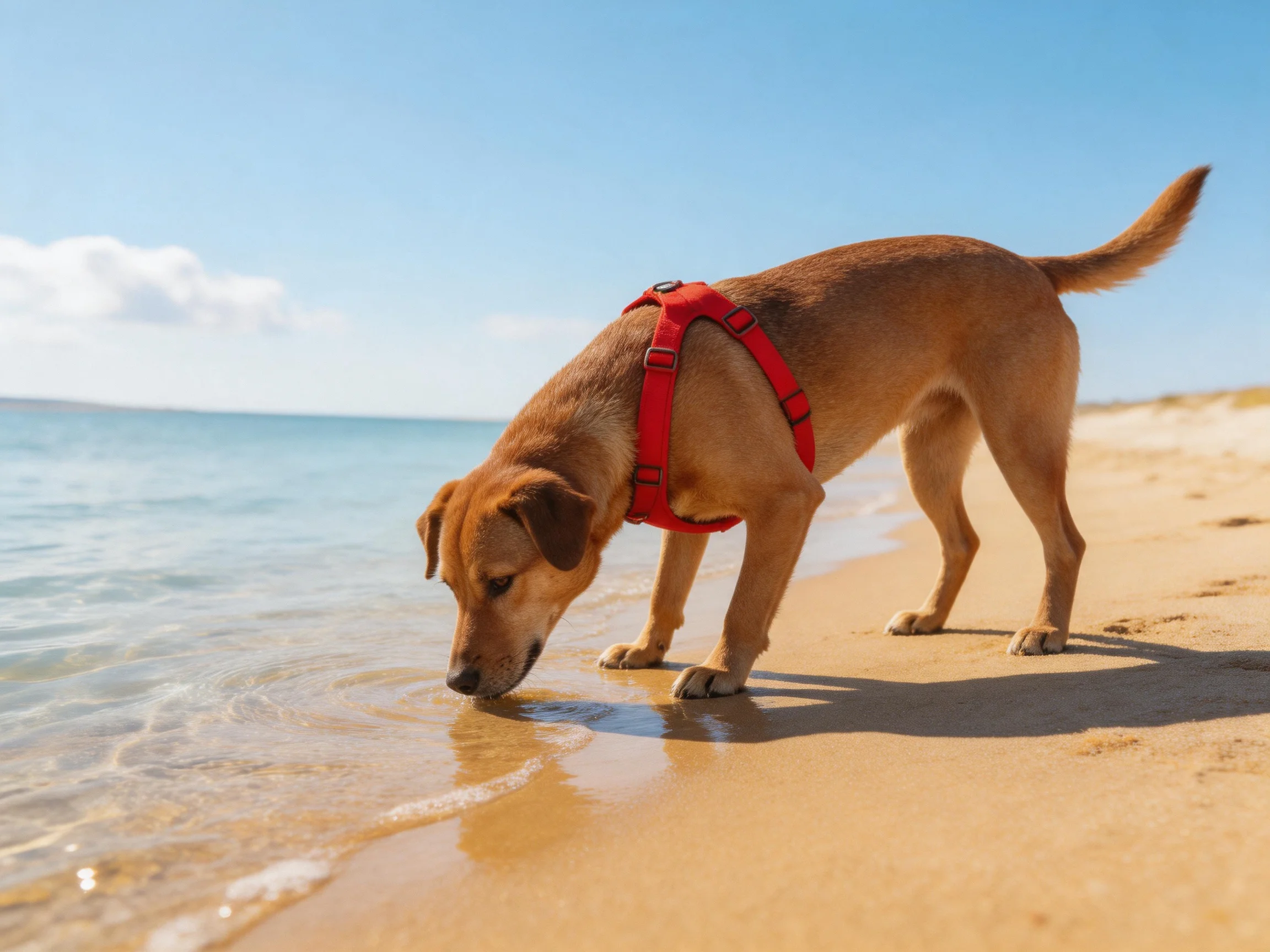 A tan dog in a red harness drinks from ocean water on a sandy beach