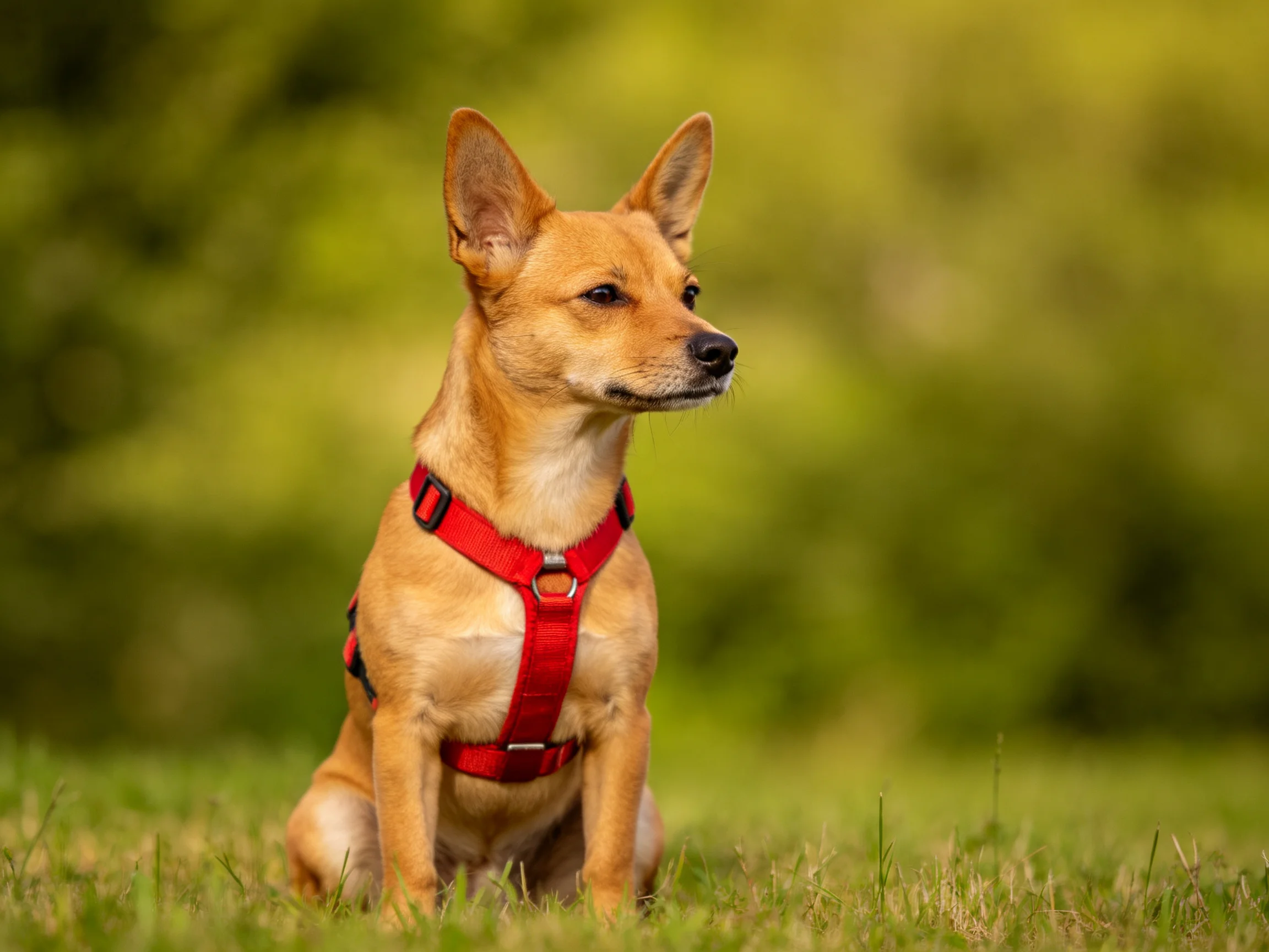 A tan dog in a red harness sits on grass amid lush green foliage