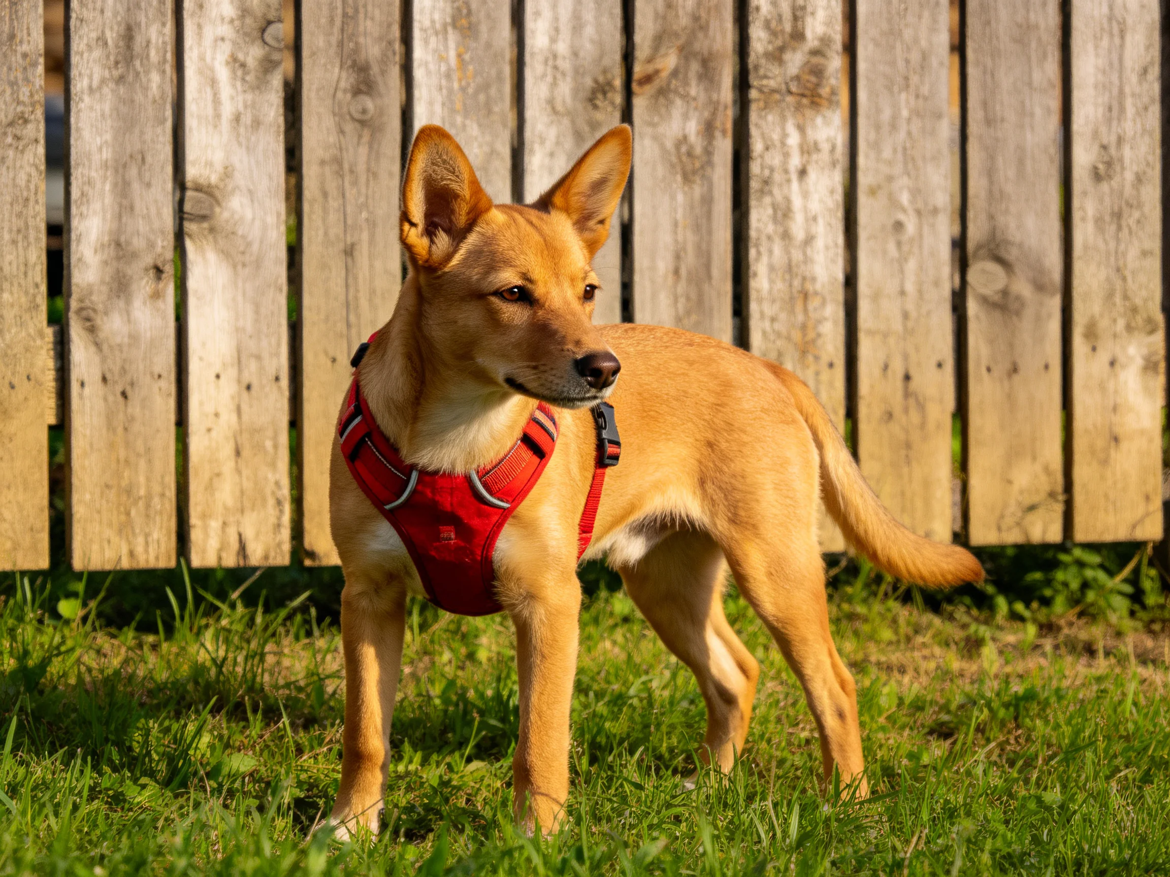 A tan dog in a red harness stands near a weathered wooden fence