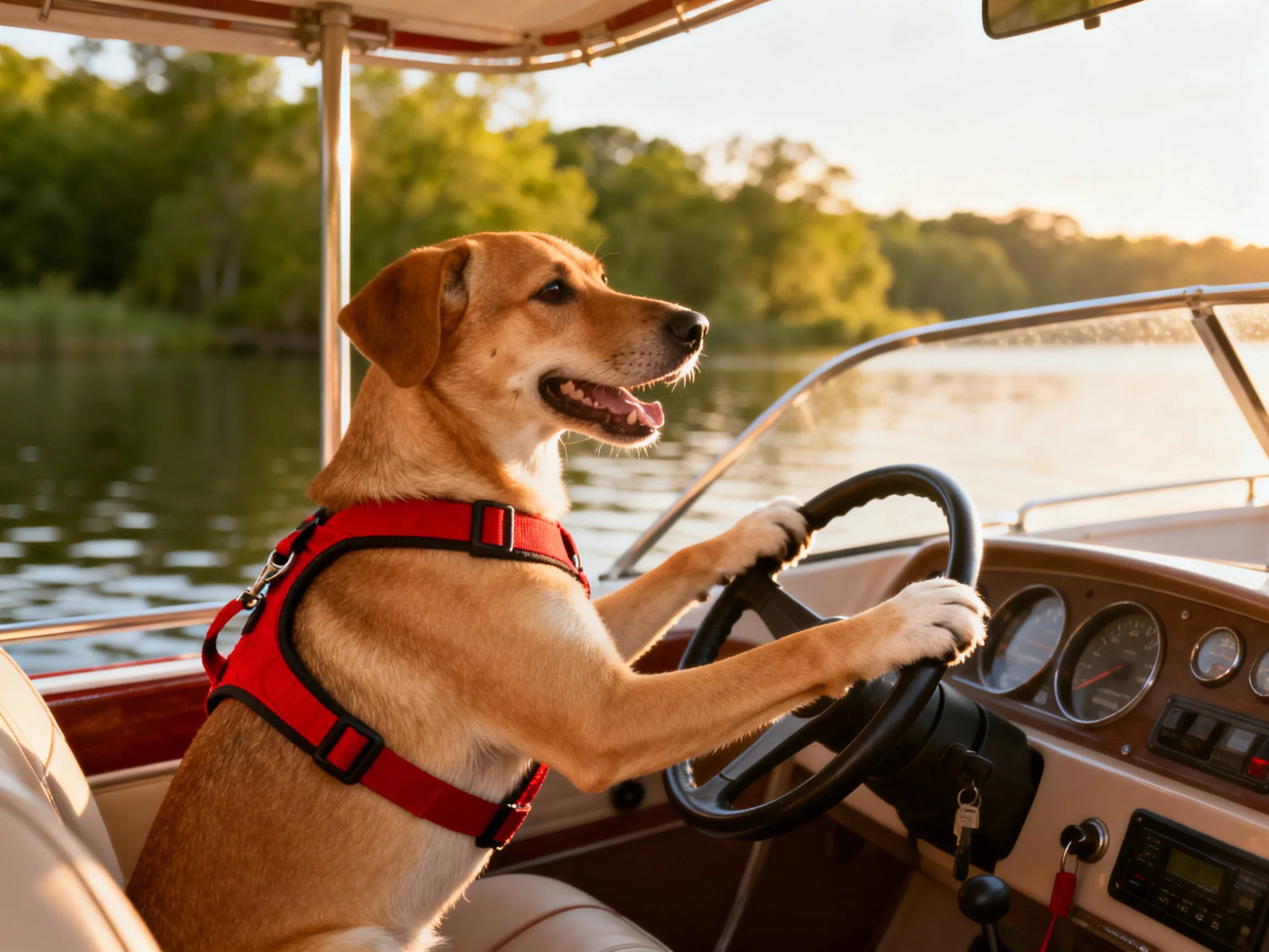 A tan dog in a red harness steers a wooden boat on calm water